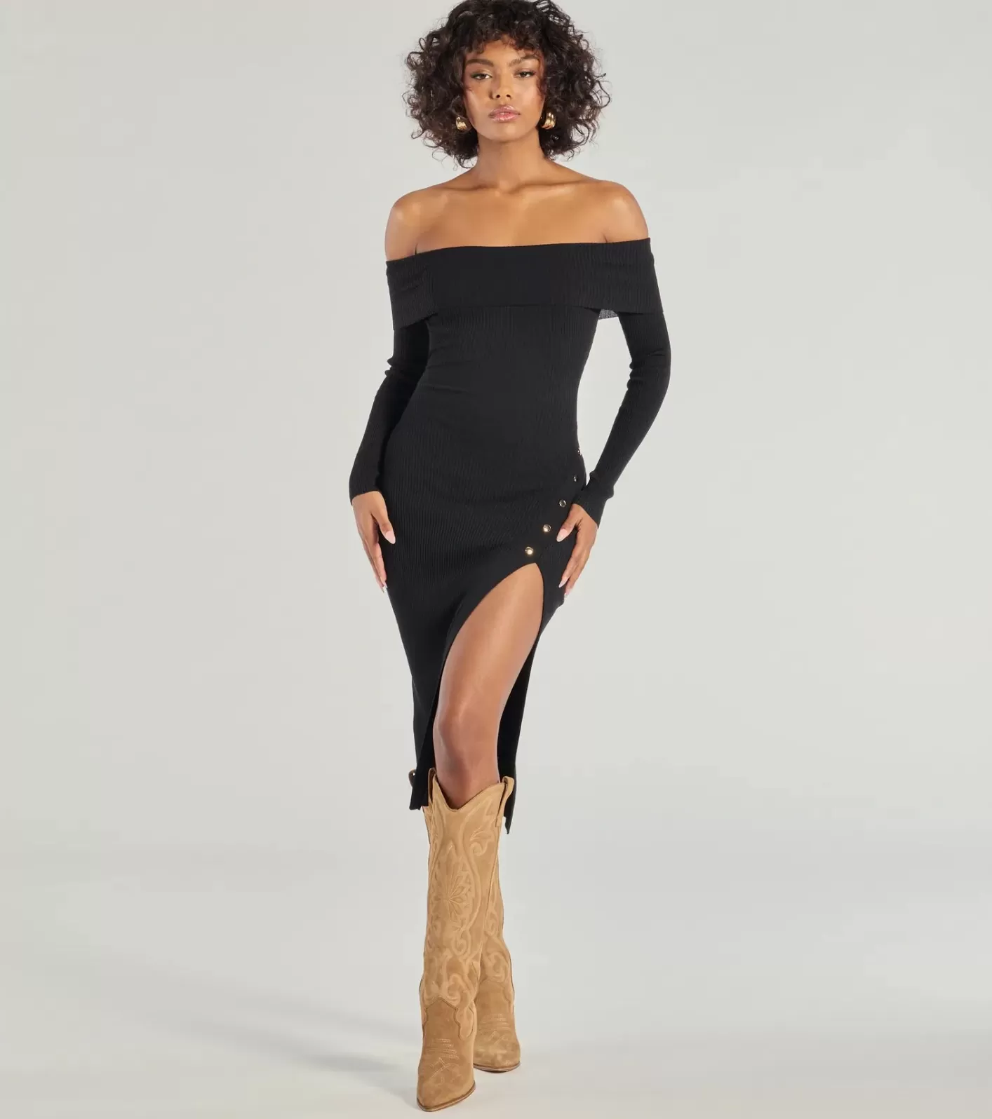 Windsor Keeping Knit Chic Long Sleeve Midi Dress BLACK Cheap