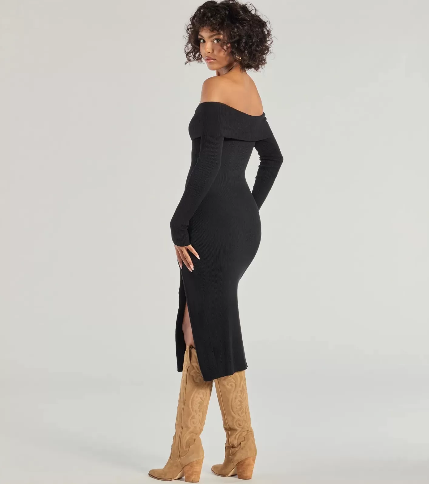 Windsor Keeping Knit Chic Long Sleeve Midi Dress BLACK Cheap