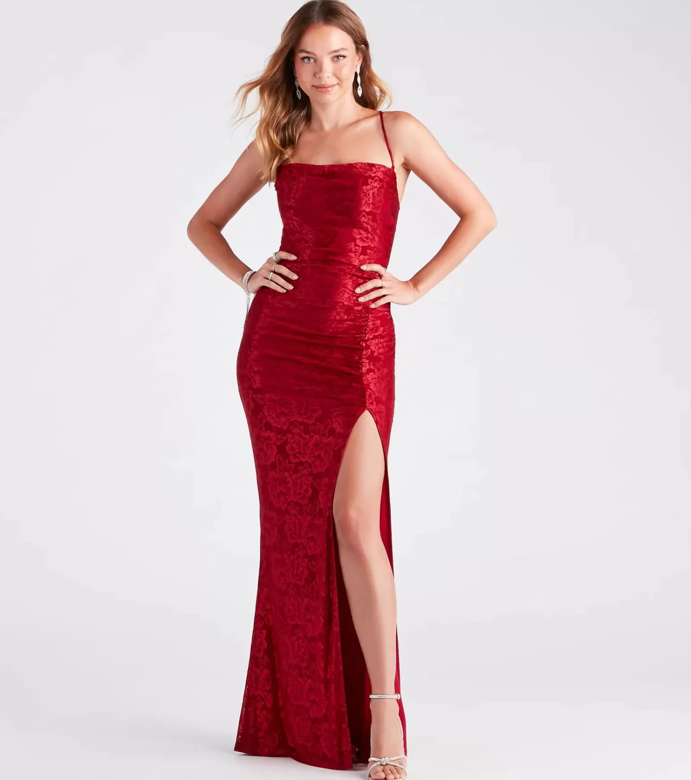 Windsor Kehlani Formal Floral Lace Slit Mermaid Dress RED Discount