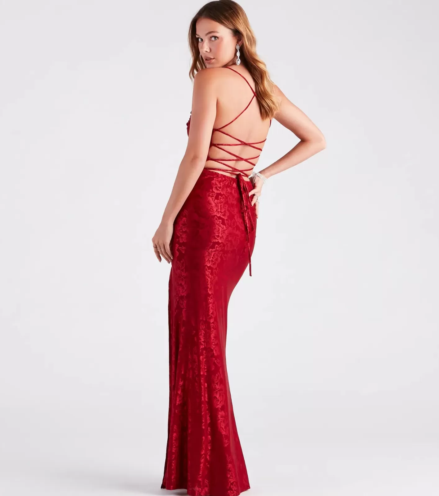 Windsor Kehlani Formal Floral Lace Slit Mermaid Dress RED Discount
