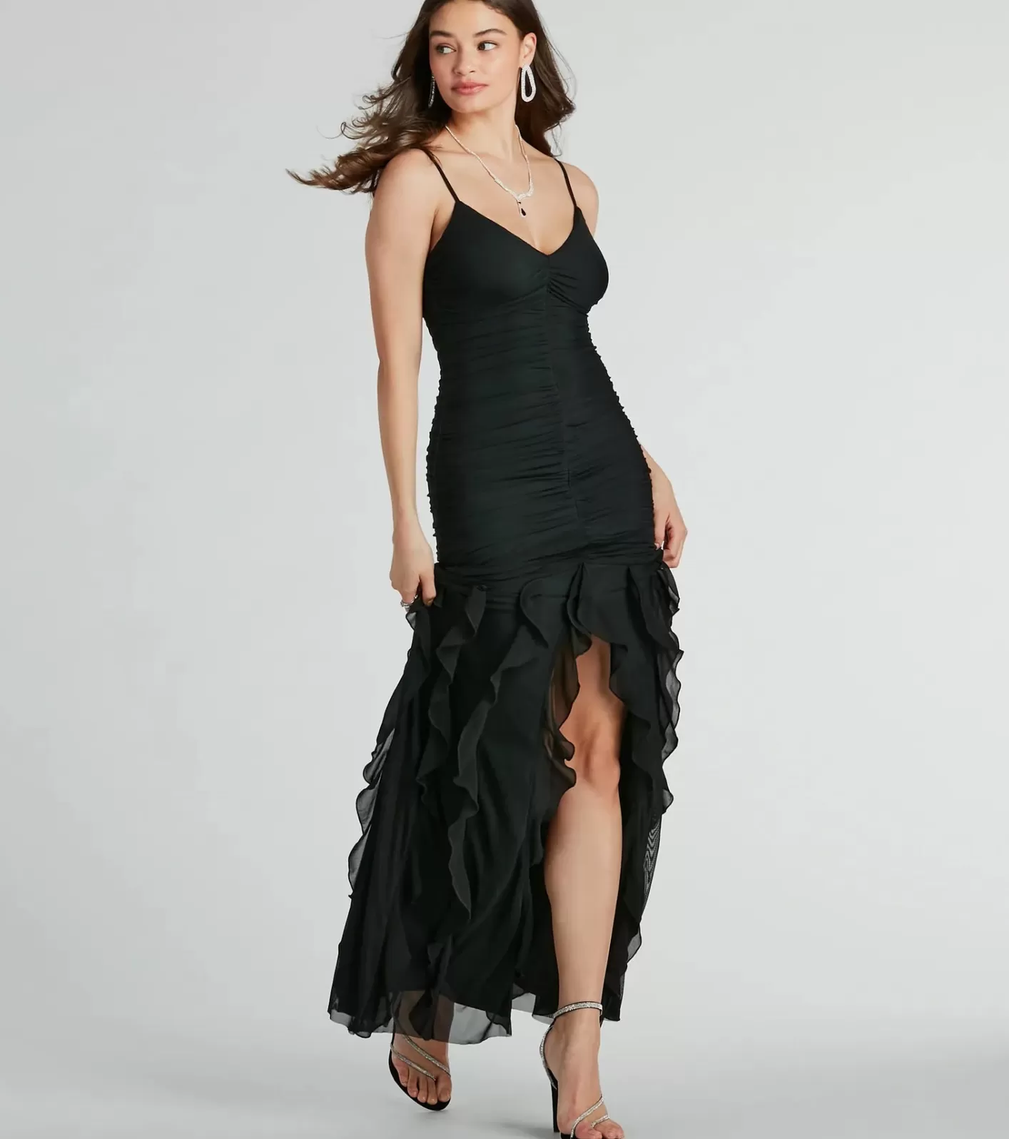 Windsor Keily Ruched And Ruffled Mesh Formal Dress BLACK Best