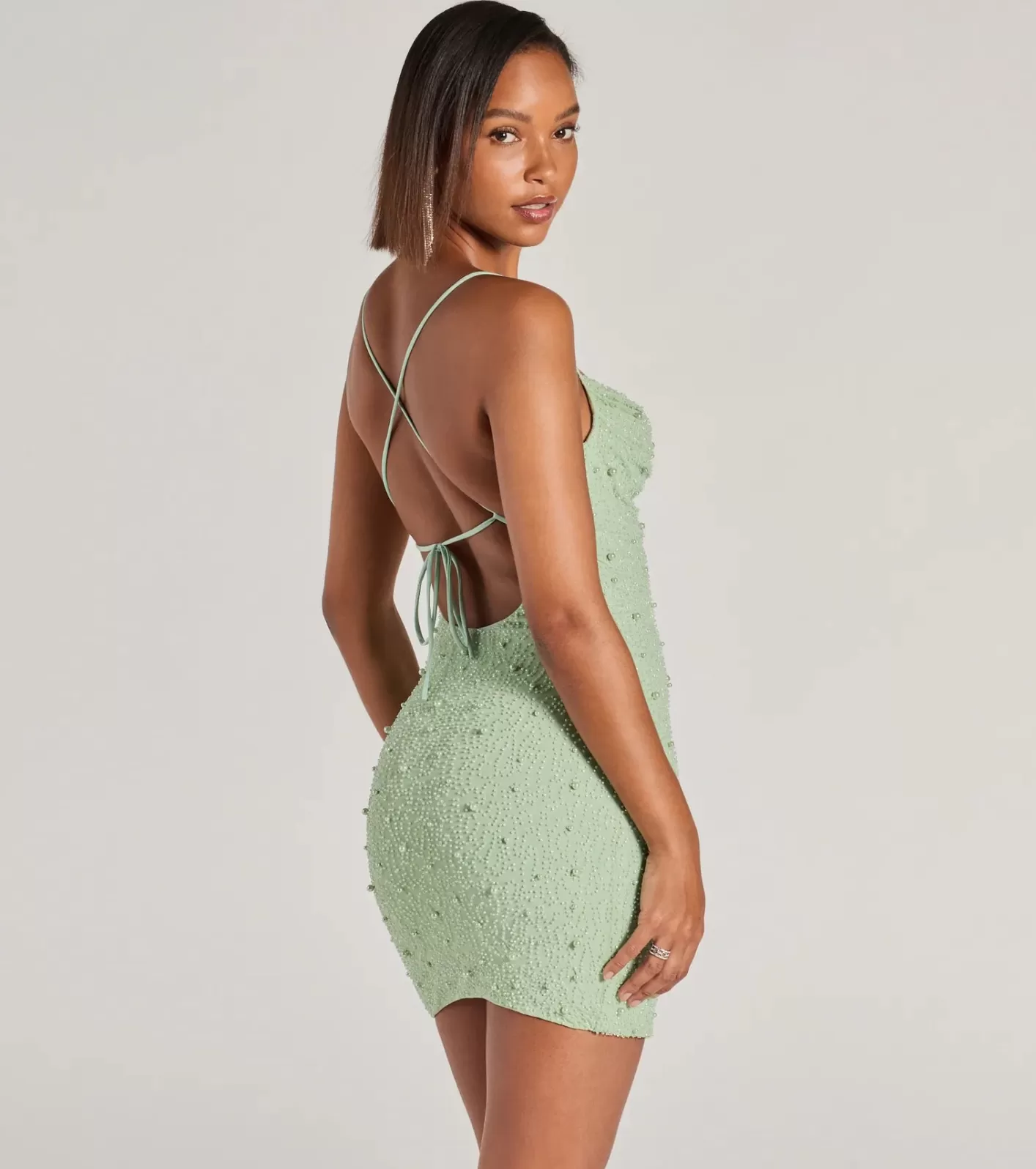 Windsor Keira Faux Pearl Strappy Open-Back Mini Dress SAGE Sale