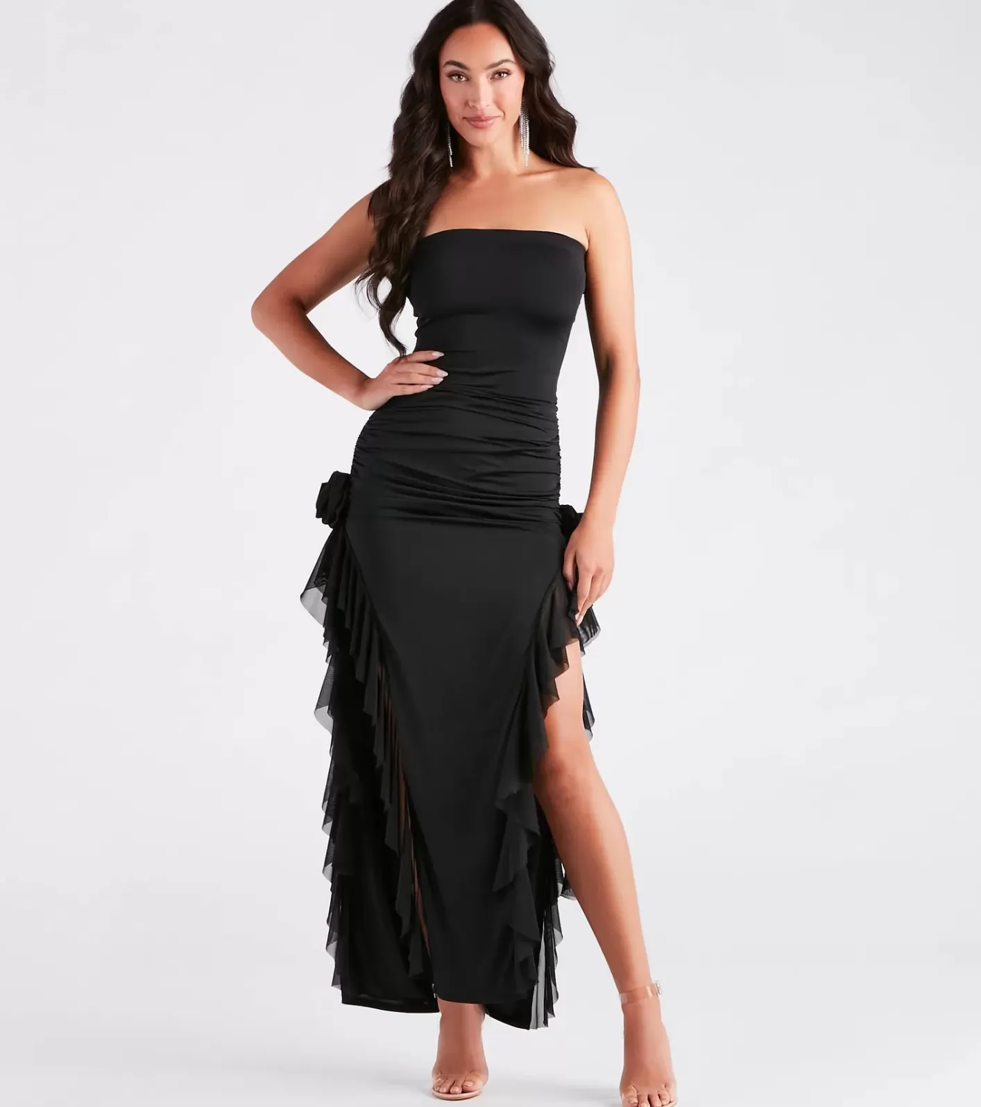 Windsor Kenna Rosette Applique Ruffled Formal Dress BLACK Discount