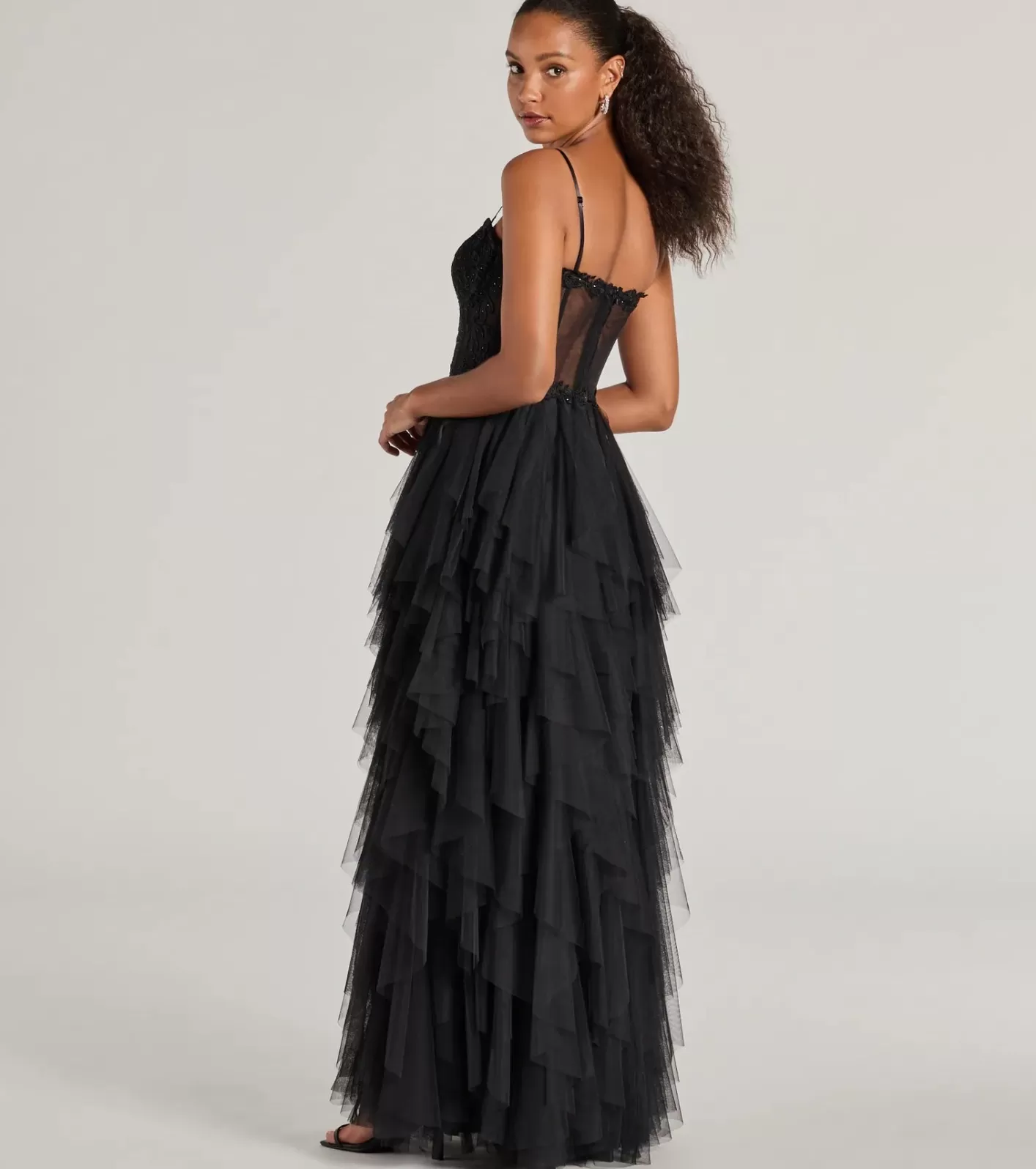 Windsor Keyla Floral Applique Tiered Ruffle Tulle Gown BLACK Best