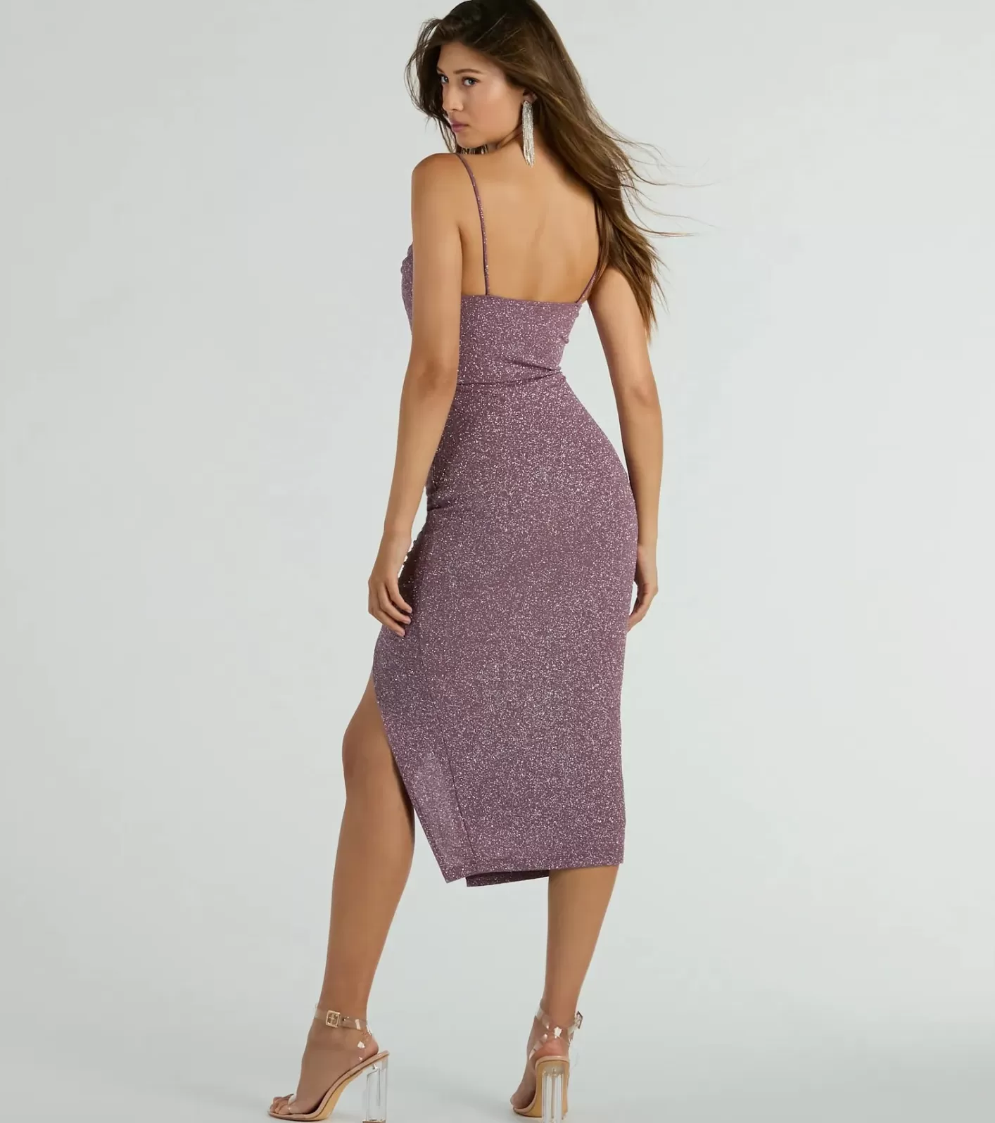 Windsor Kim Cowl Neck Bodycon Glitter Midi Dress PURPLE Cheap