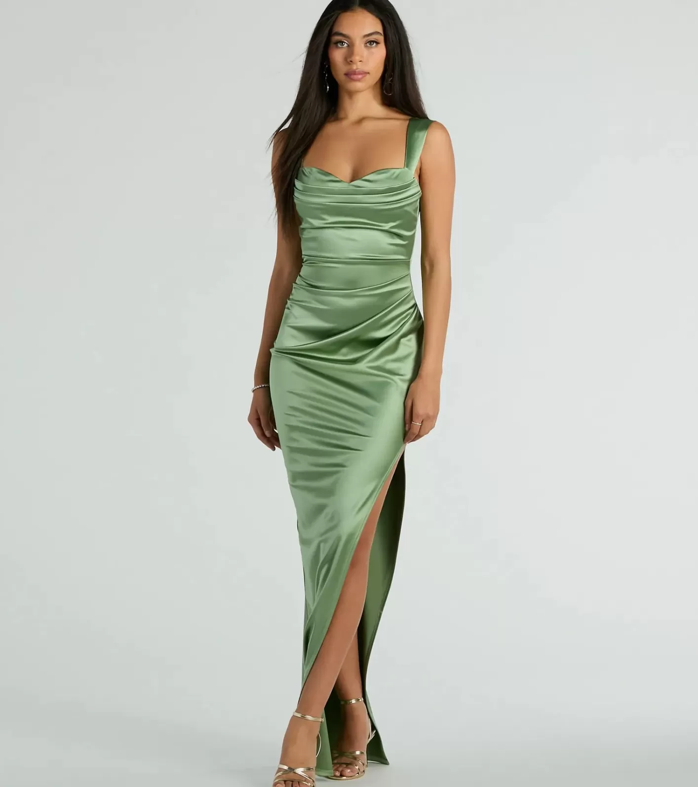 Windsor Kirsten Satin Cowl Neck High Slit Formal Dress SAGE Online