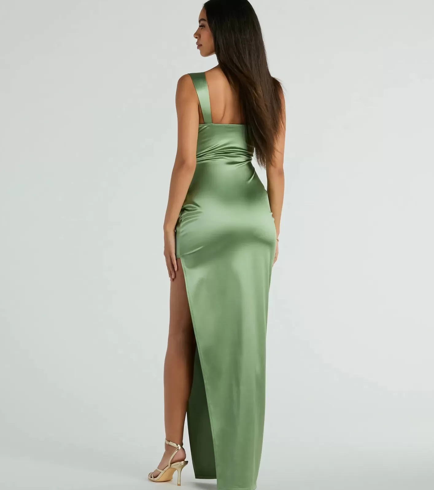 Windsor Kirsten Satin Cowl Neck High Slit Formal Dress SAGE Online