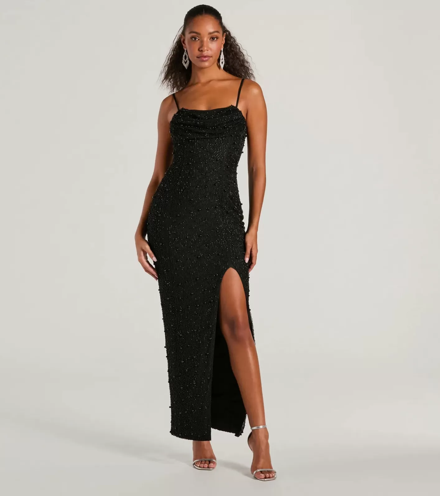 Windsor Klara Cowl Neck Faux Pearl Bead Slim Formal Dress BLACK Best