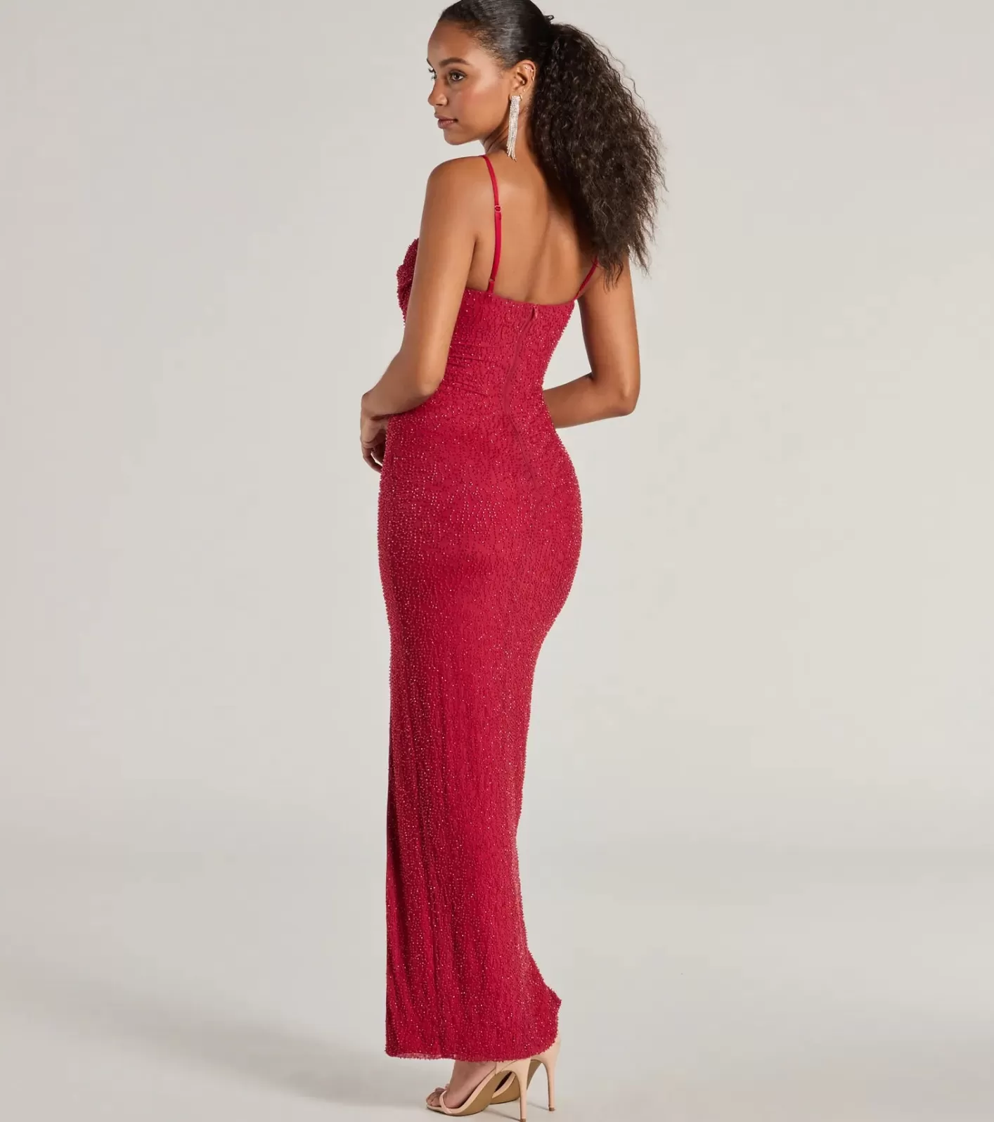 Windsor Klara Cowl Neck Faux Pearl Bead Slim Formal Dress RED Online