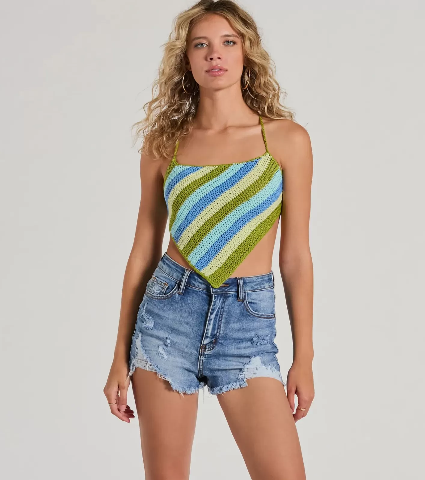 Windsor Knit The Beach Striped Strappy Crochet Crop Top MULTI Flash Sale