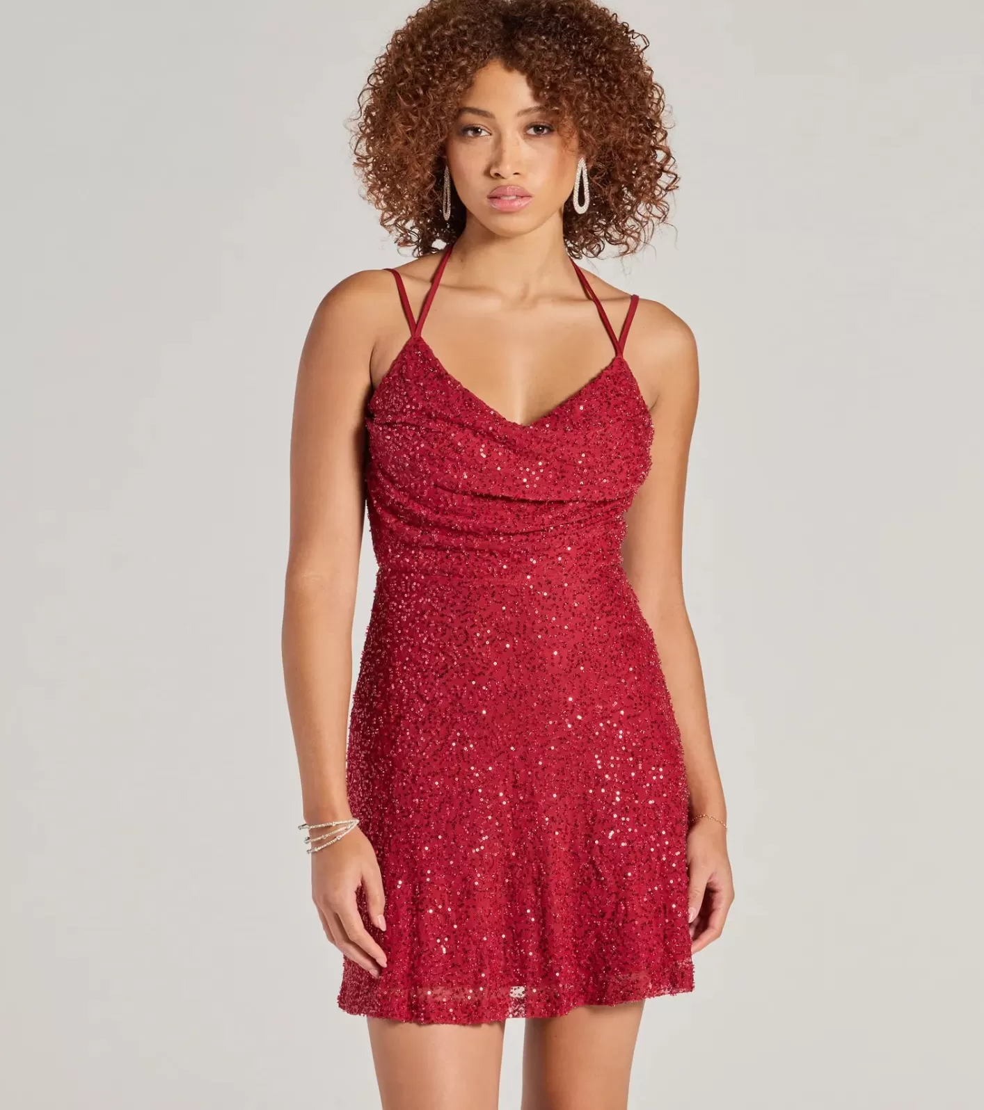 Windsor Kristine Beaded Sequin Strappy Back Skater Dress RED Best