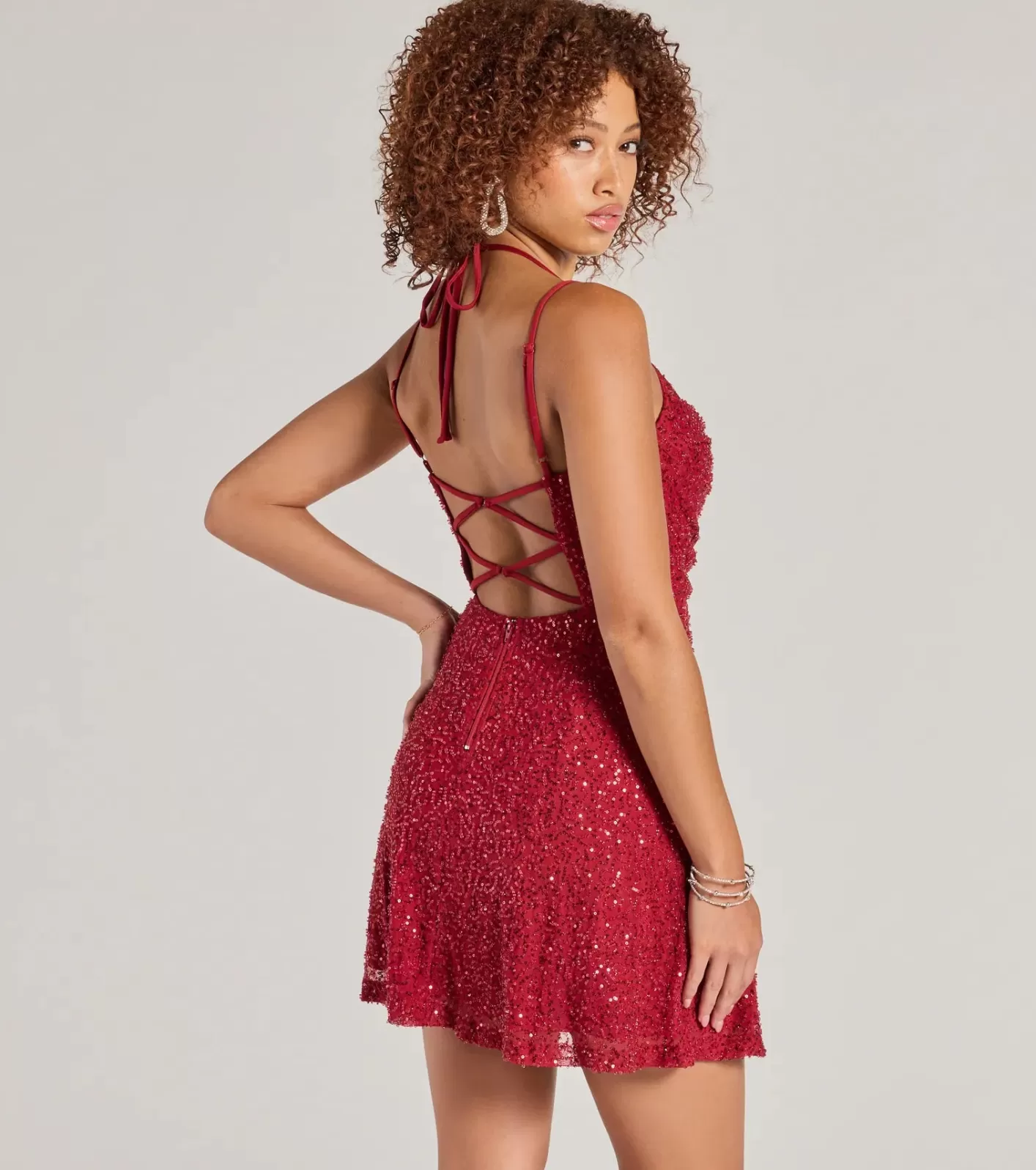 Windsor Kristine Beaded Sequin Strappy Back Skater Dress RED Best