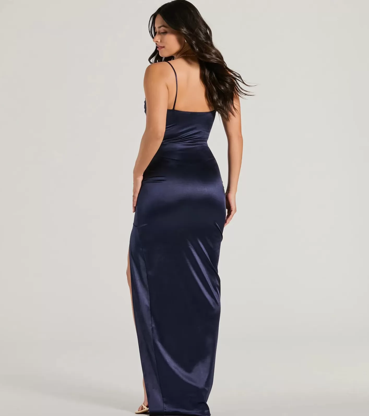 Windsor Kyla Cutout High Slit Satin Formal Dress NAVY Shop