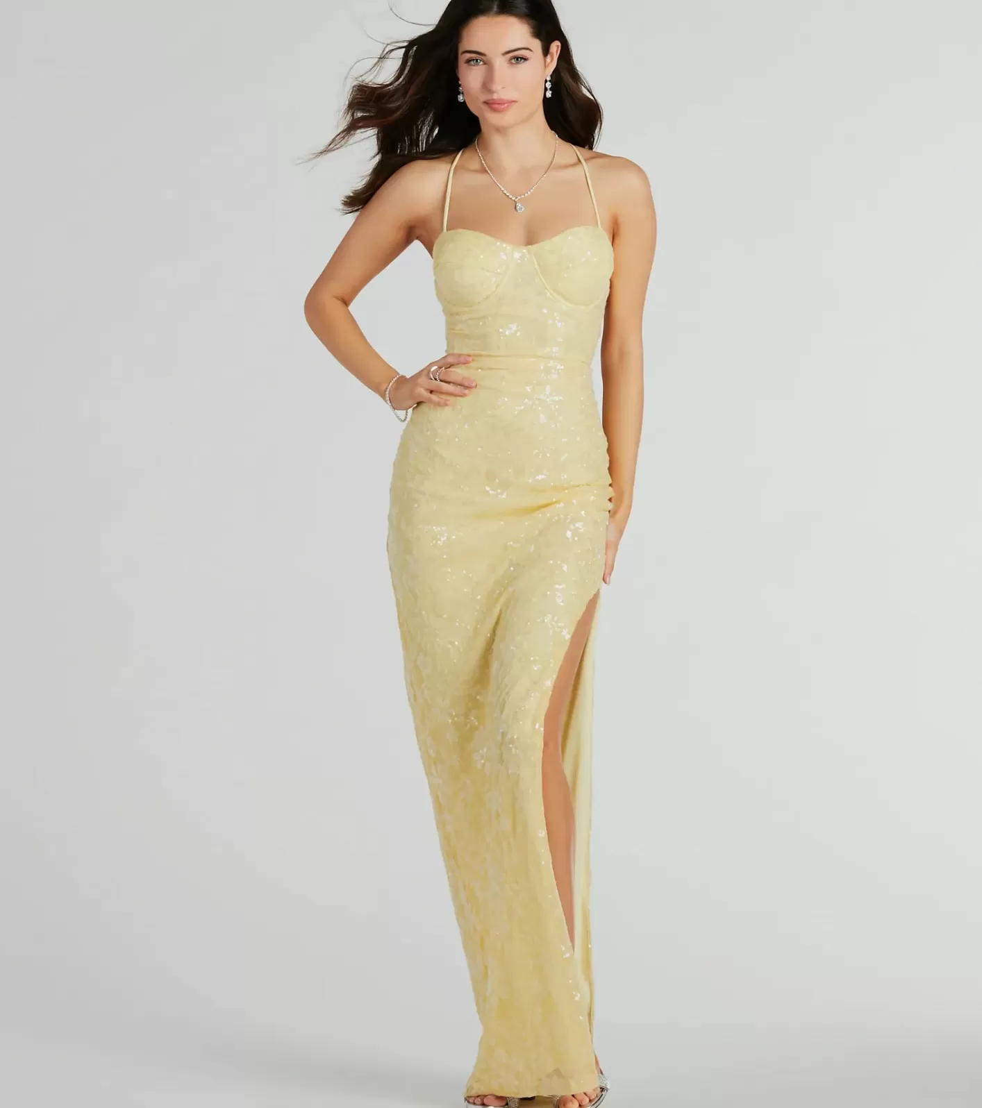 Windsor Lakelyn Lace-Up Floral Sequin Mesh Formal Dress YELLOW Cheap