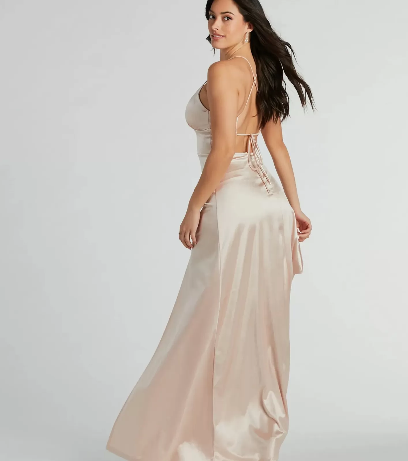 Windsor Laurel Lace-Up A-Line Slit Satin Formal Dress GOLD Cheap