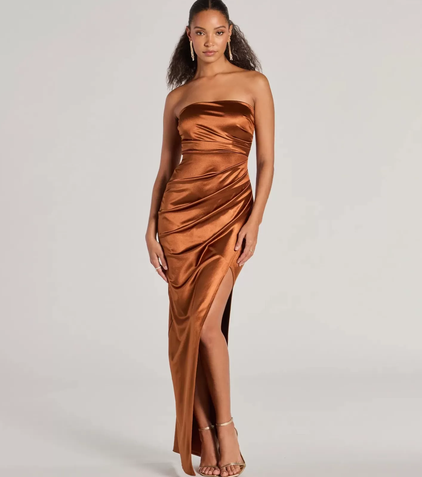 Windsor Lauren Strapless Wrap Slim Satin Formal Dress MOCHA Outlet