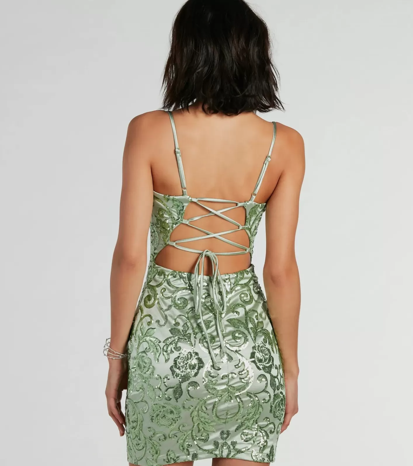 Windsor Laurita Lace-Up Sequin Satin Party Dress SAGE Best Sale