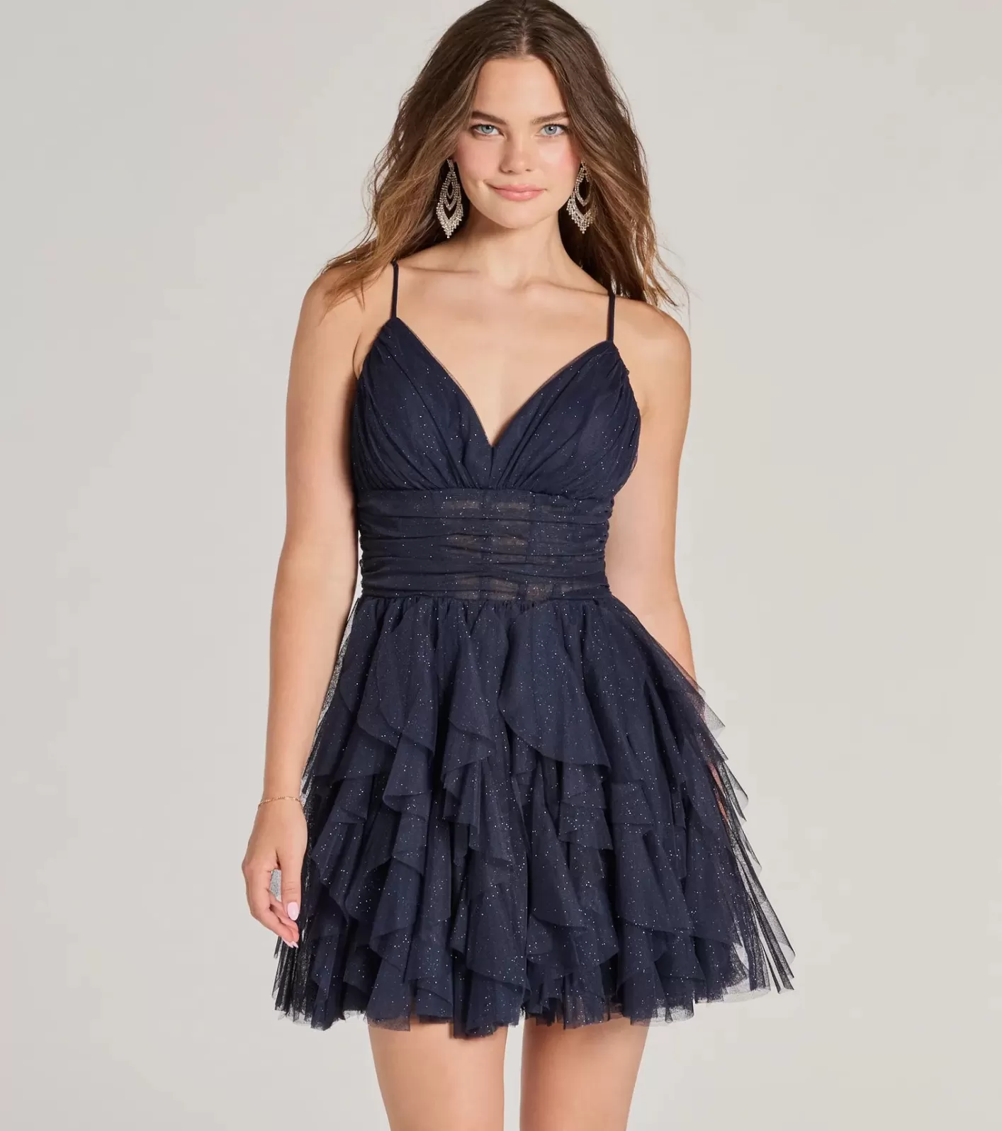 Windsor Leanna Ruffle Glitter Mesh Skater Dress NAVY Fashion