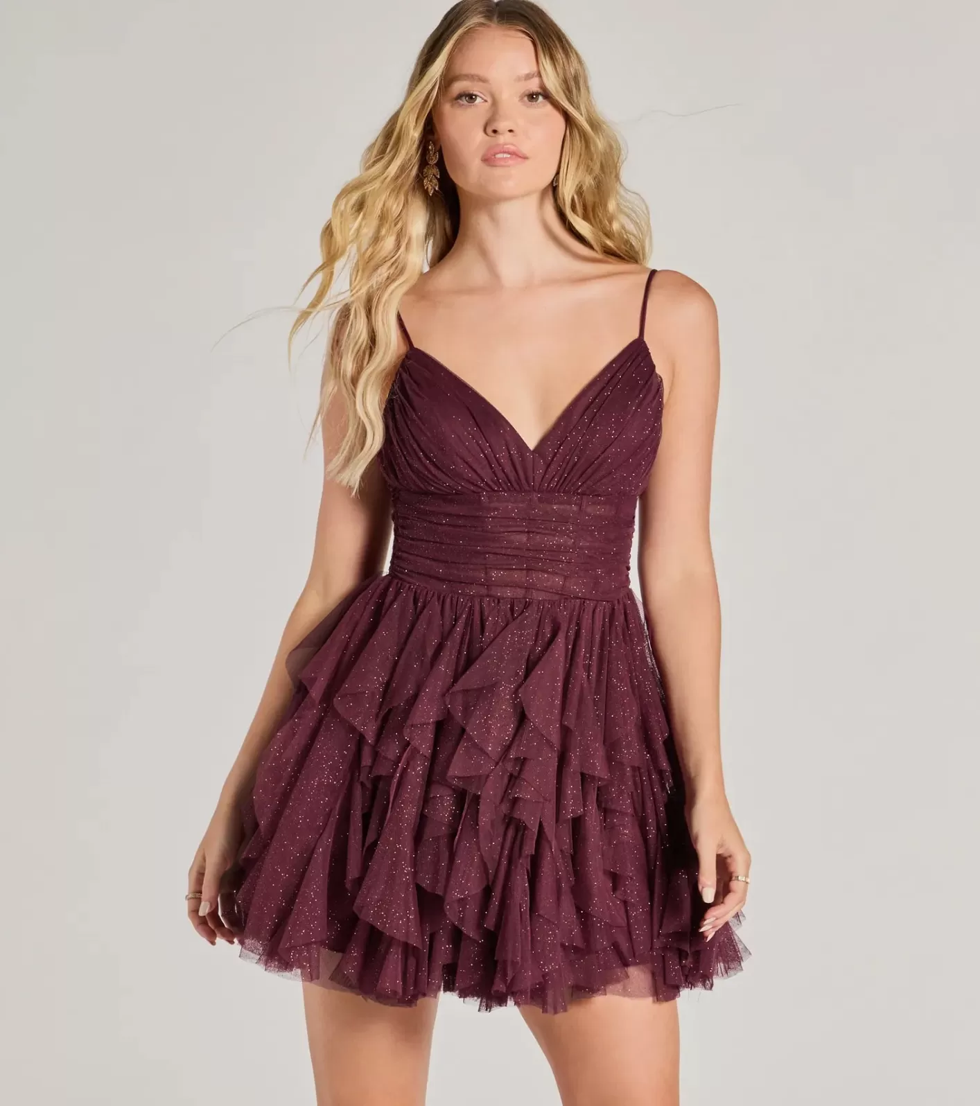 Windsor Leanna Ruffle Glitter Mesh Skater Dress WINE Online