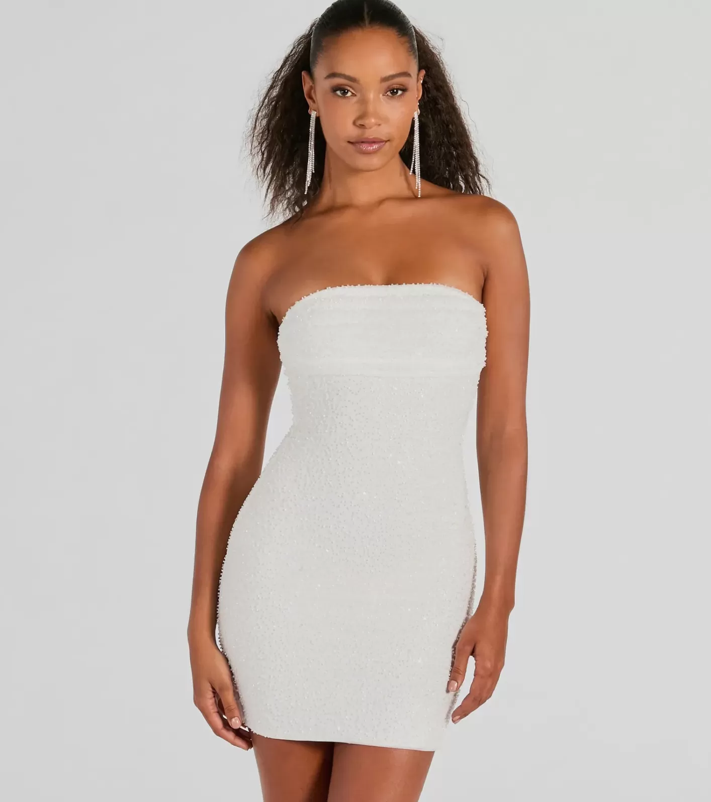 Windsor Lena Strapless Bodycon Beaded Mesh Mini Dress WHITE Best Sale
