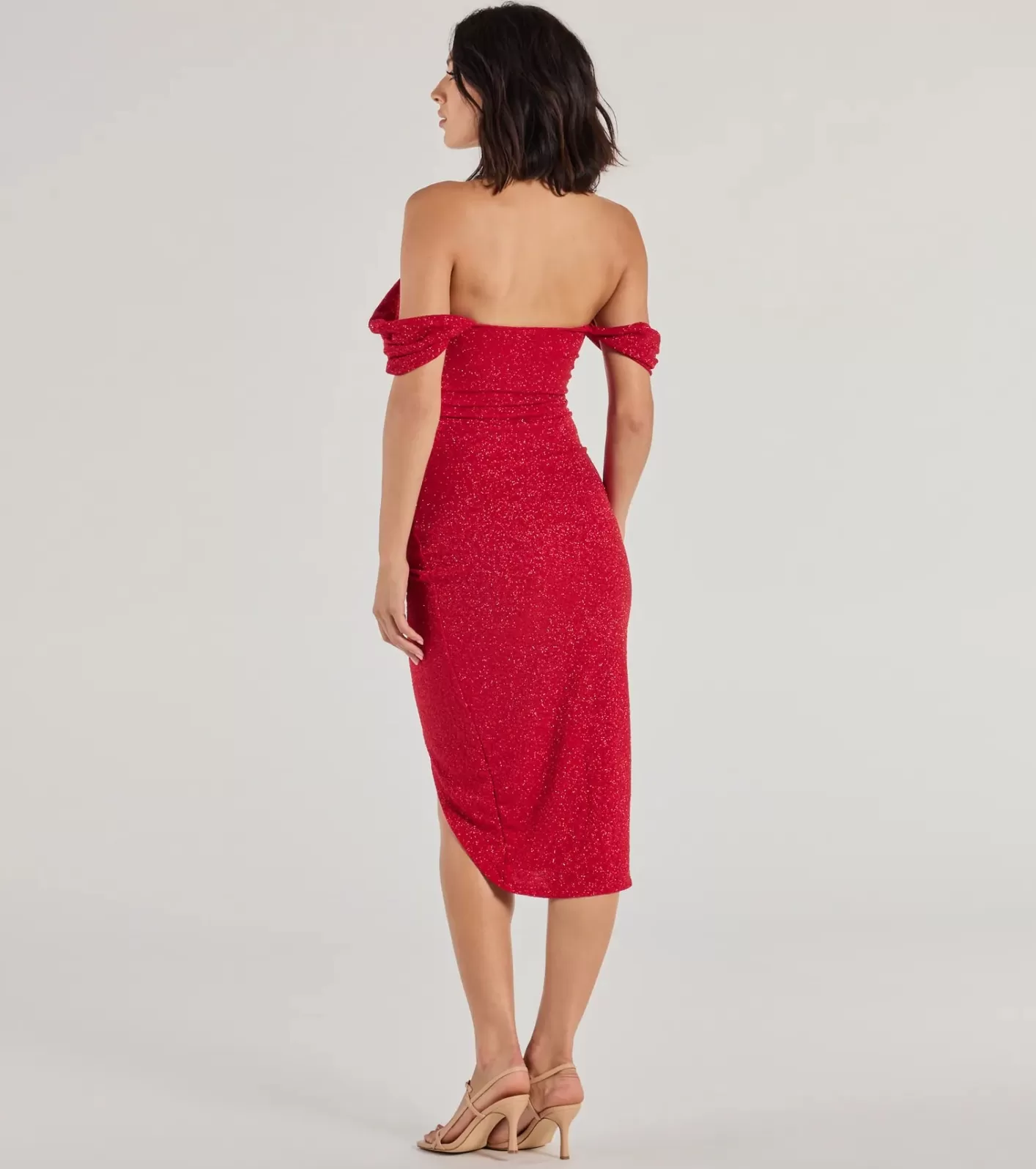 Windsor Lennon Glitter Knit Off-The-Shoulder Midi Dress RED Flash Sale