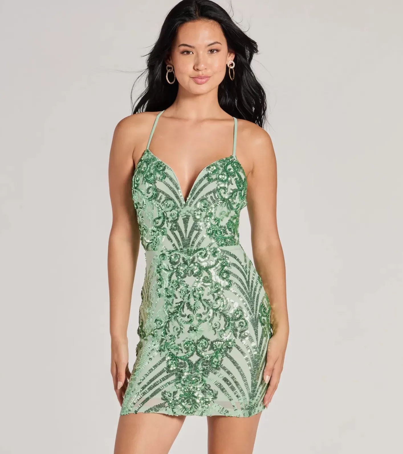 Windsor Let Me Glow Lace-Up Sequin Mini Dress SAGE Shop