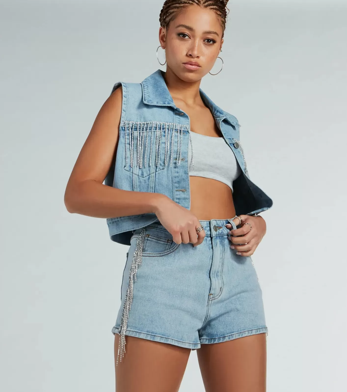 Windsor Life Of the Party Rhinestone Fringe Denim Shorts MEDIUMDENIM Sale