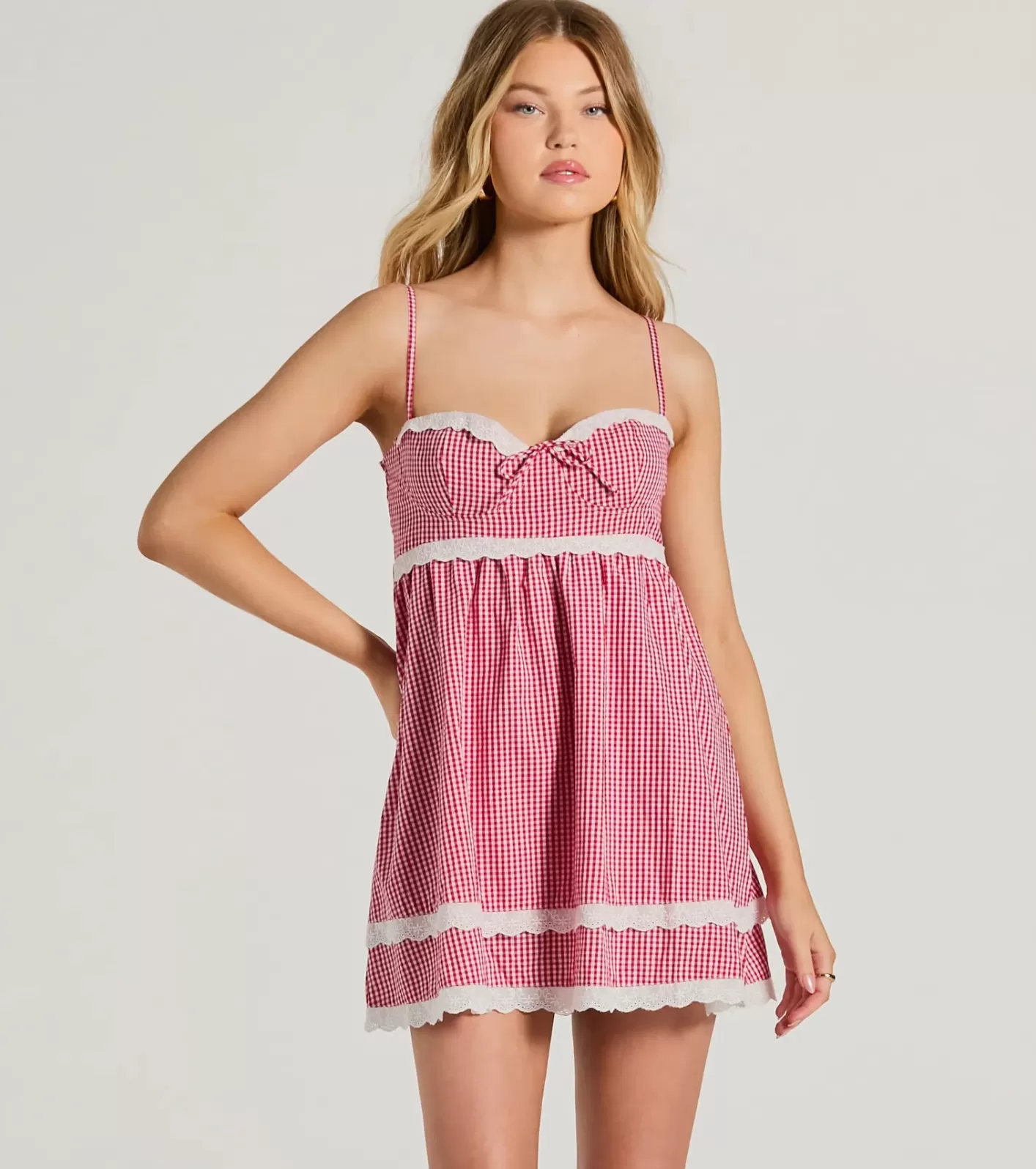 Windsor Life's A Picnic Sweetheart Lace Gingham Mini Dress RED Best