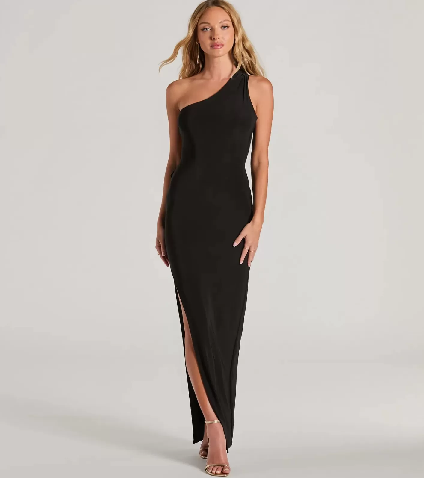Windsor Lilianne One-Shoulder Strappy Back Slit Formal Dress BLACK Clearance