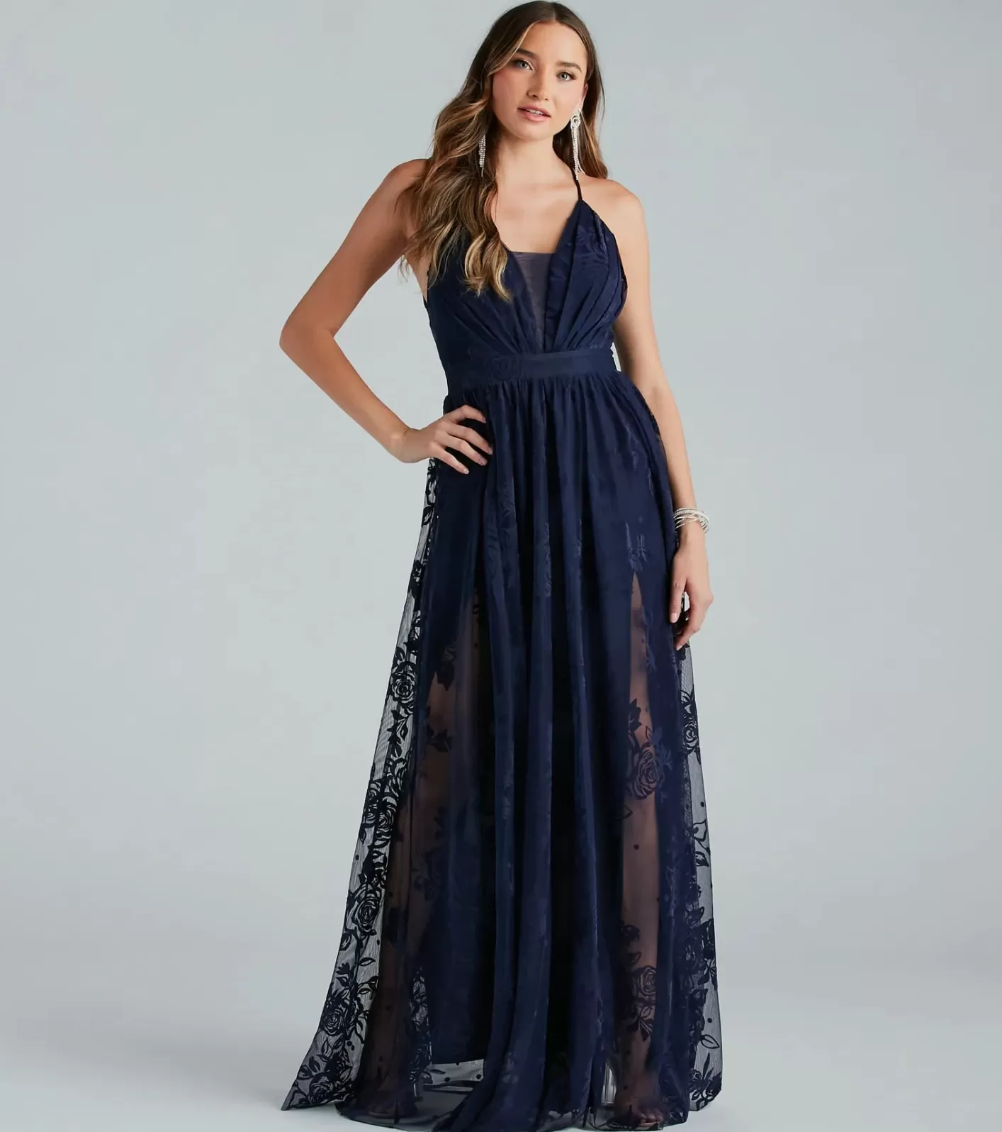 Windsor Lina Flocked Velvet A-Line Formal Dress NAVY Shop