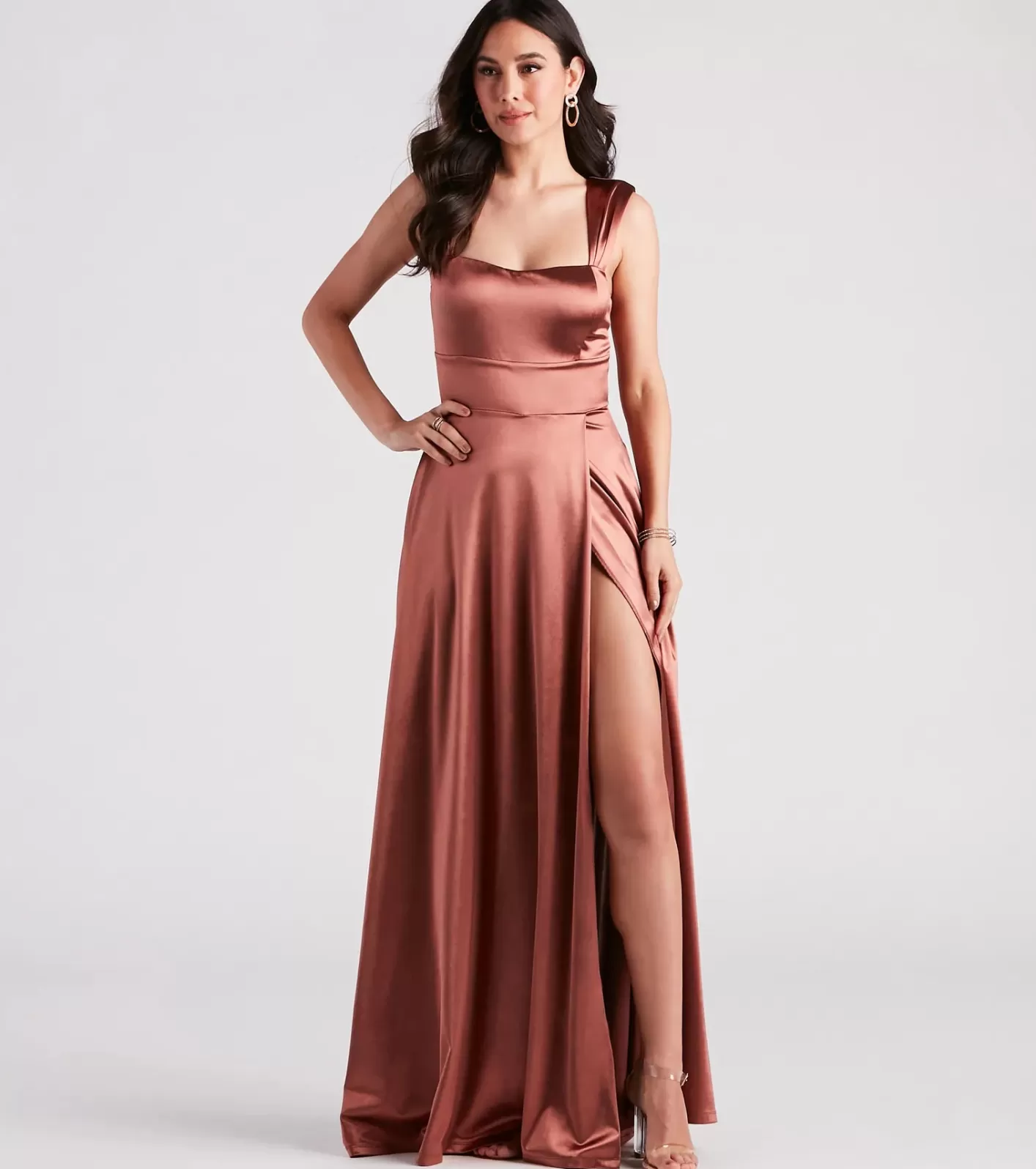 Windsor Lisa Satin High Slit A-Line Formal Dress COPPER Best