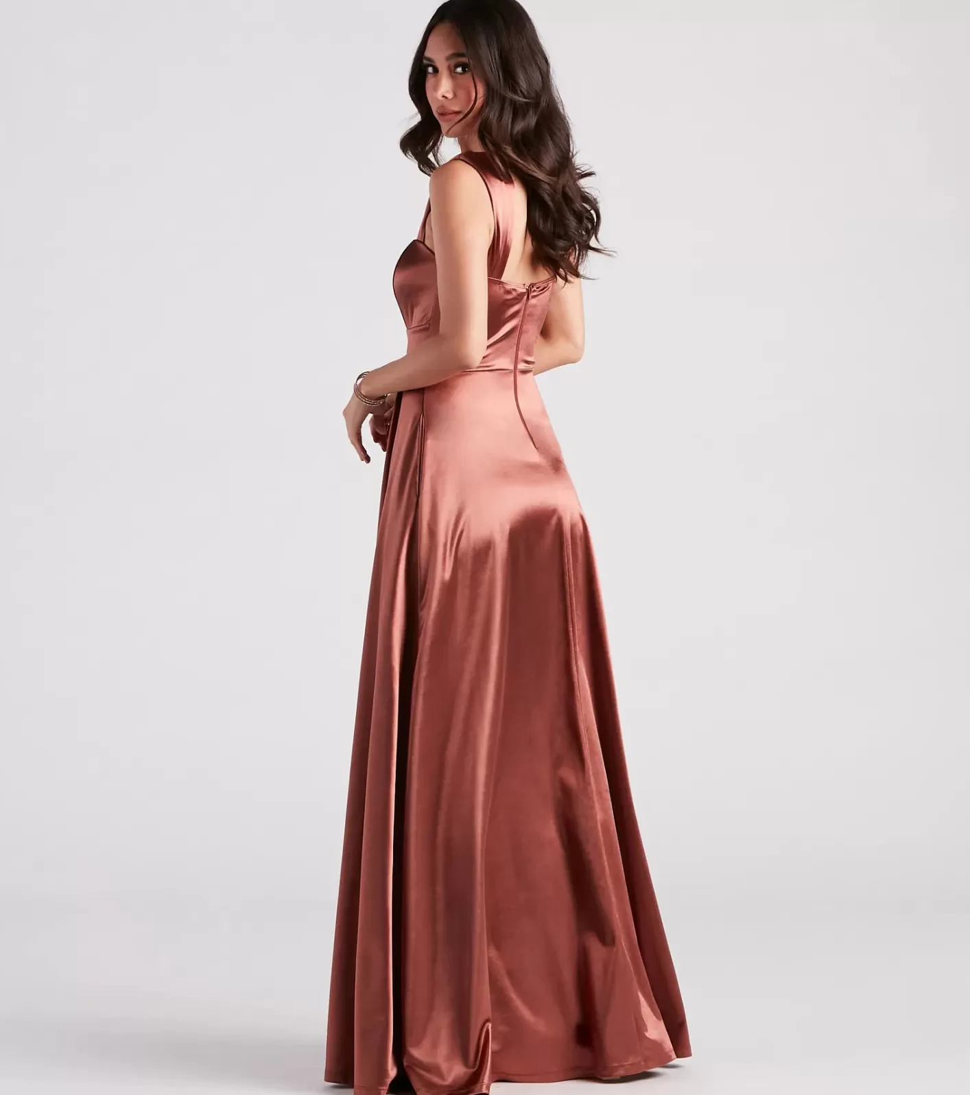 Windsor Lisa Satin High Slit A-Line Formal Dress COPPER Best