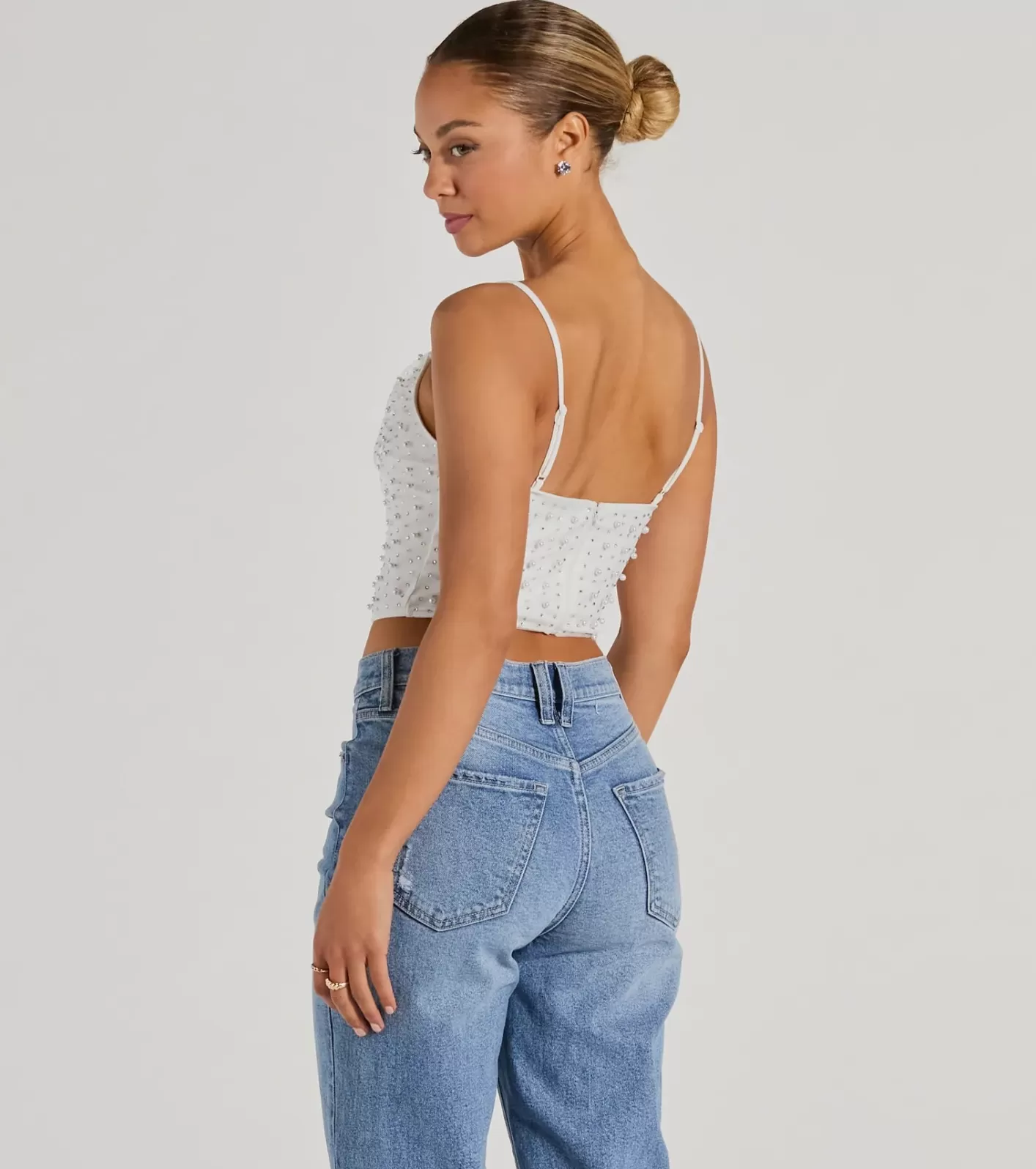 Windsor Little Moment For Faux Pearl Rhinestone Crop Top IVORY Best Sale