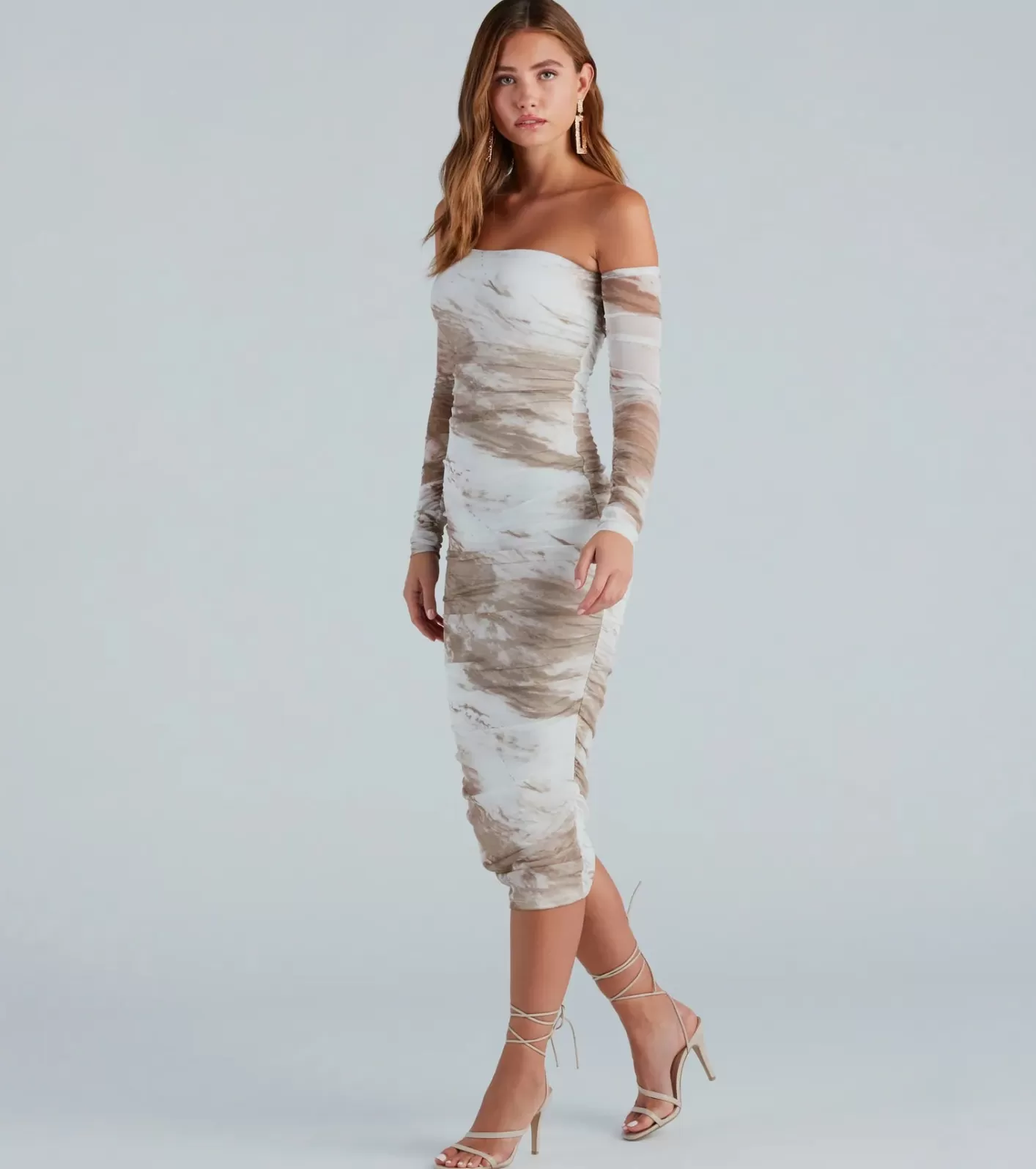 Windsor Living A Dream Marble Off-The-Shoulder Midi Dress NATURAL Best Sale