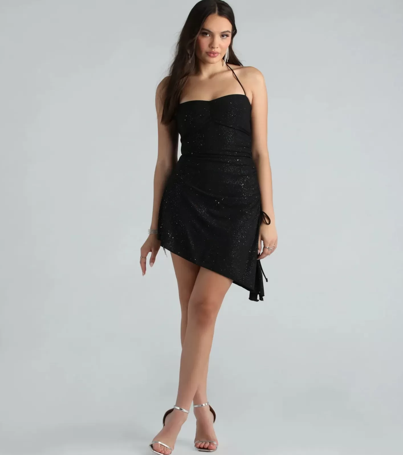 Windsor Living My Best Life Glitter Halter Mini Dress BLACK Cheap