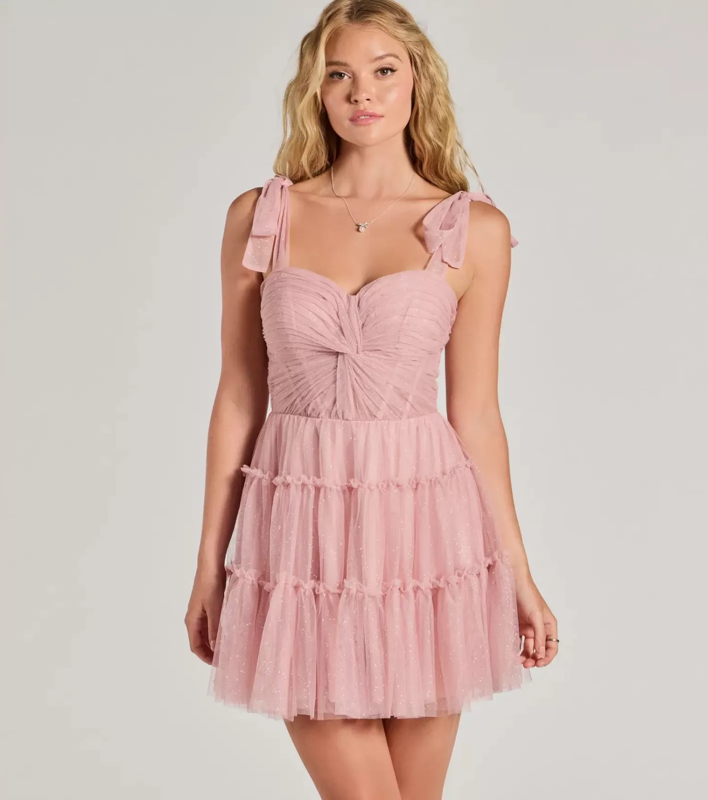 Windsor Lizzy Ruffled Glitter Mesh Skater Dress BLUSH Cheap