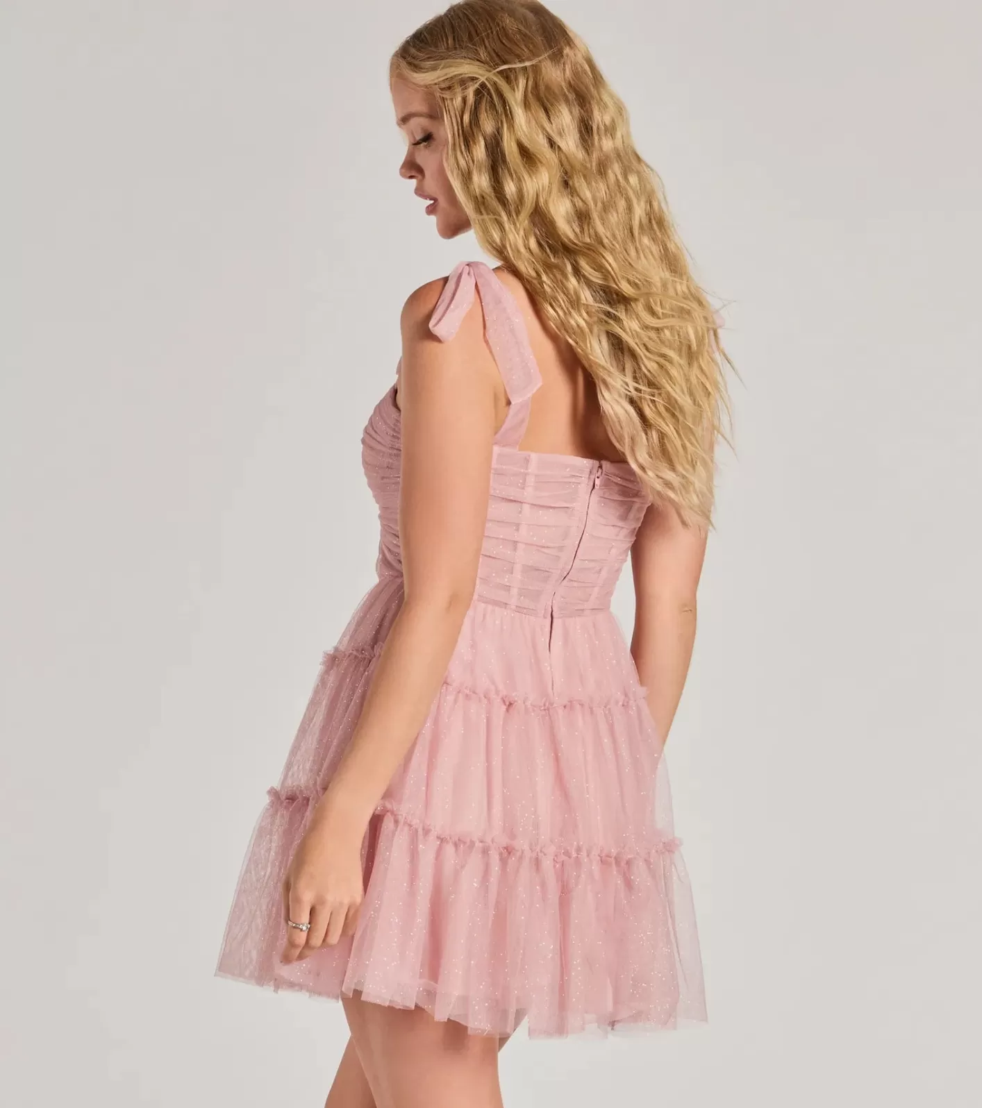 Windsor Lizzy Ruffled Glitter Mesh Skater Dress BLUSH Cheap