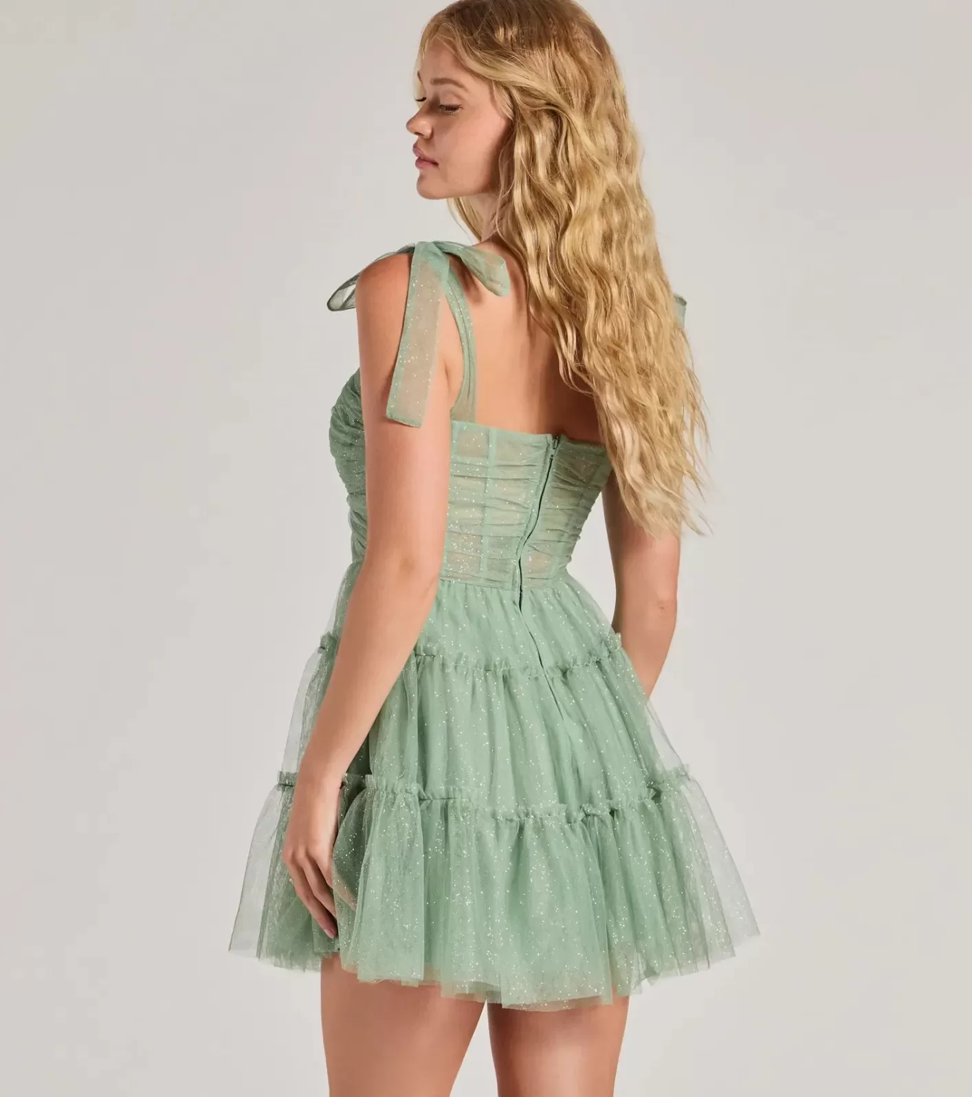 Windsor Lizzy Ruffled Glitter Mesh Skater Dress SAGE Store