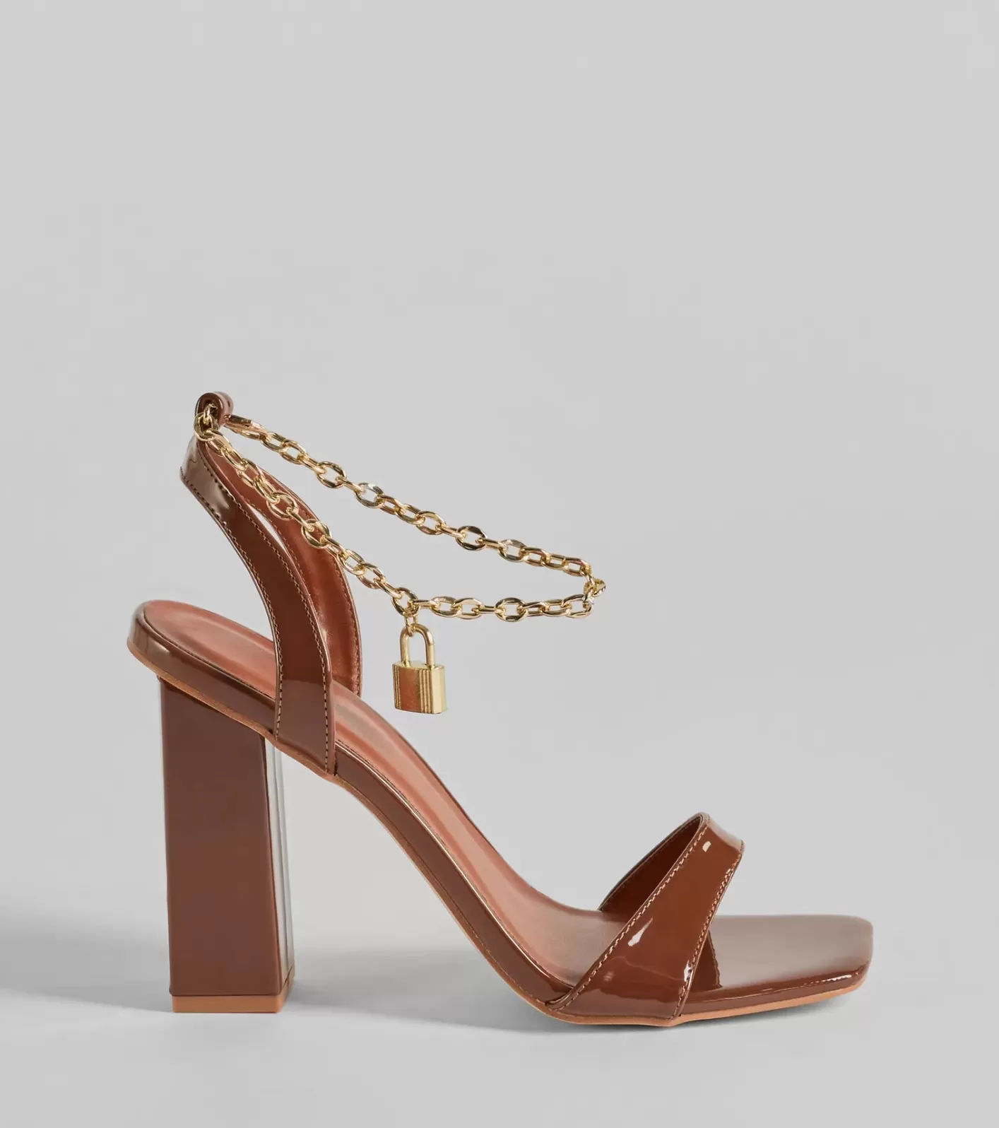 Windsor Locked In Chain Ankle Patent Block Heels TAN Discount
