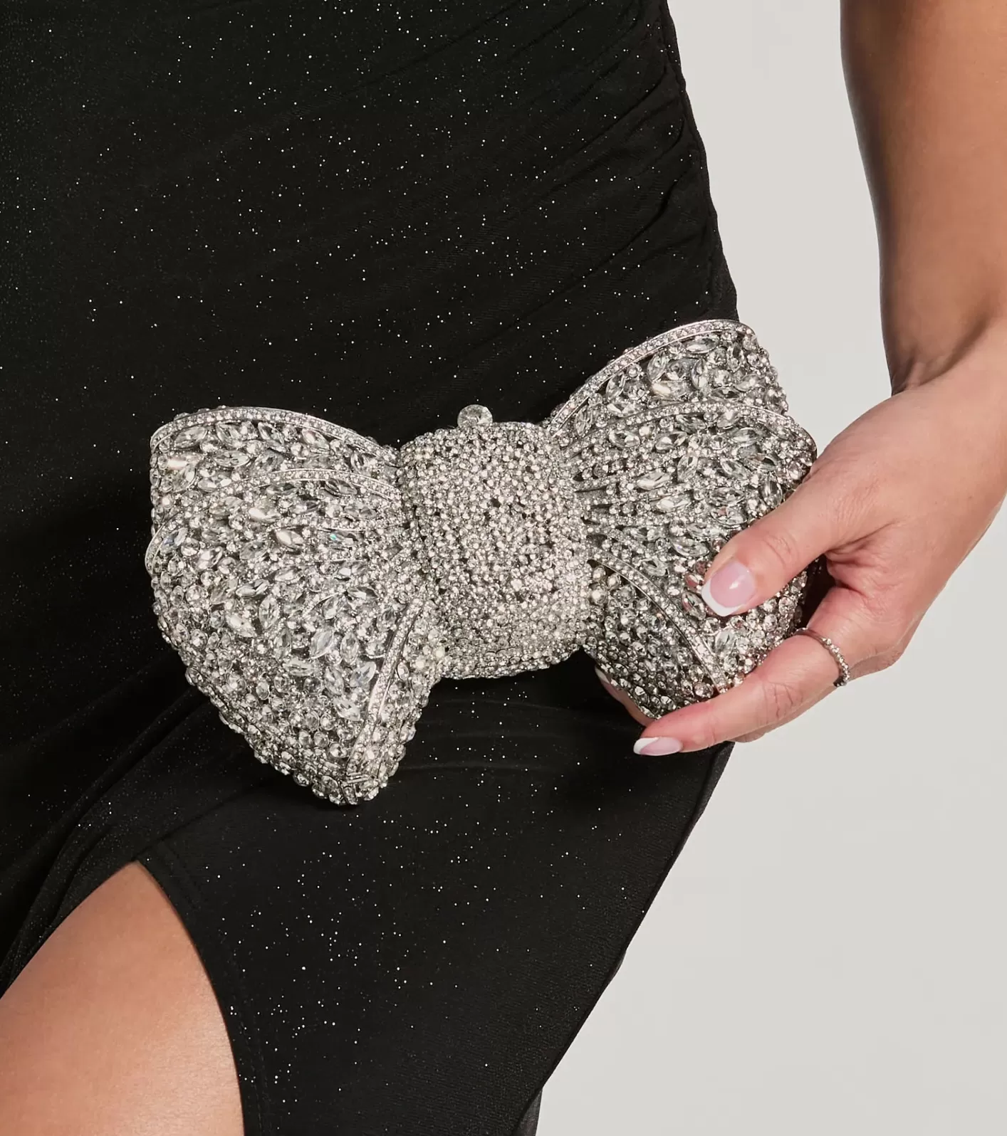 Windsor Looks So Divine Rhinestone Bow Minaudiere Clutch SILVER Sale