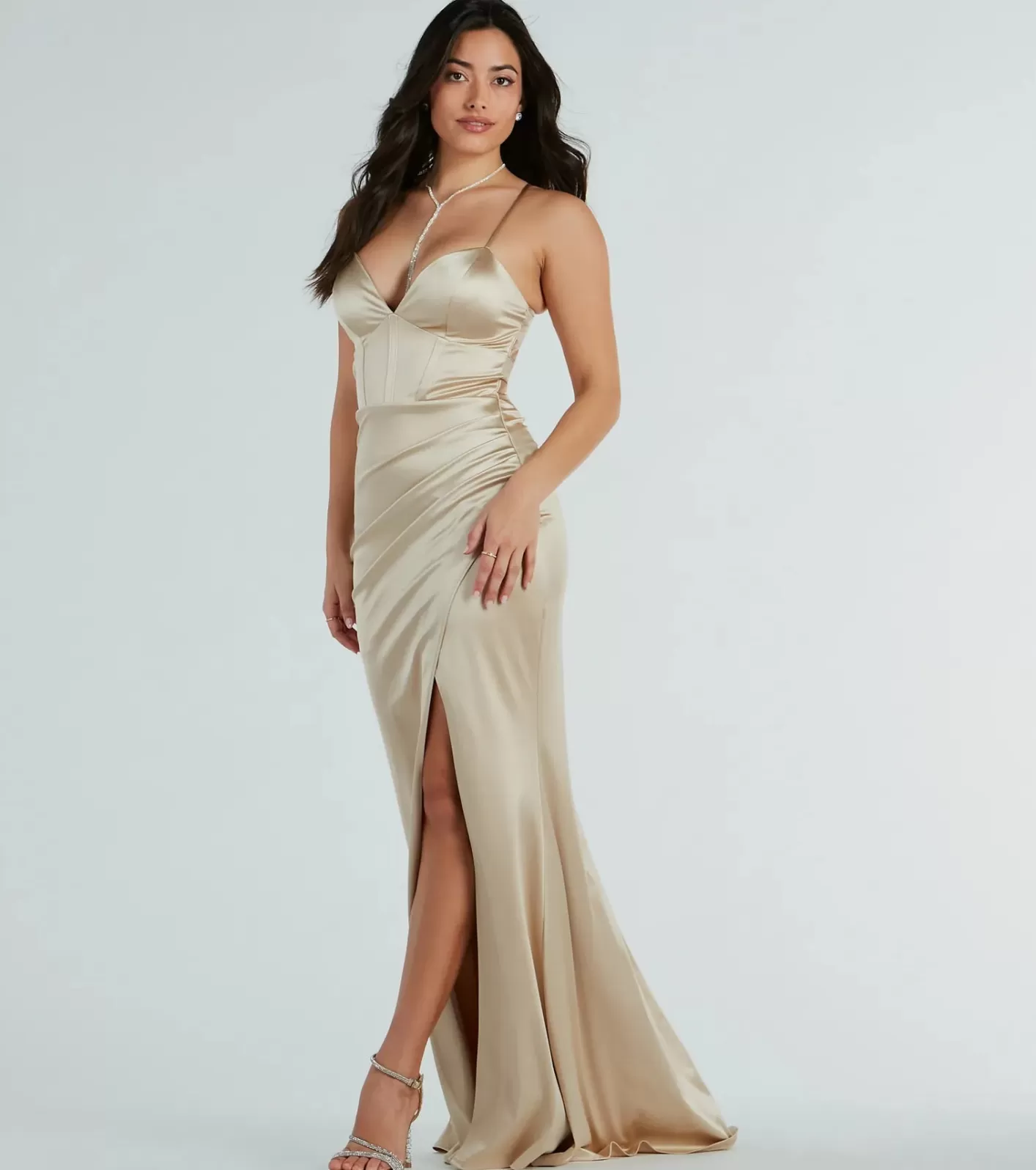 Windsor Loraine Sweetheart Wrap Mermaid Satin Formal Dress GOLD Outlet