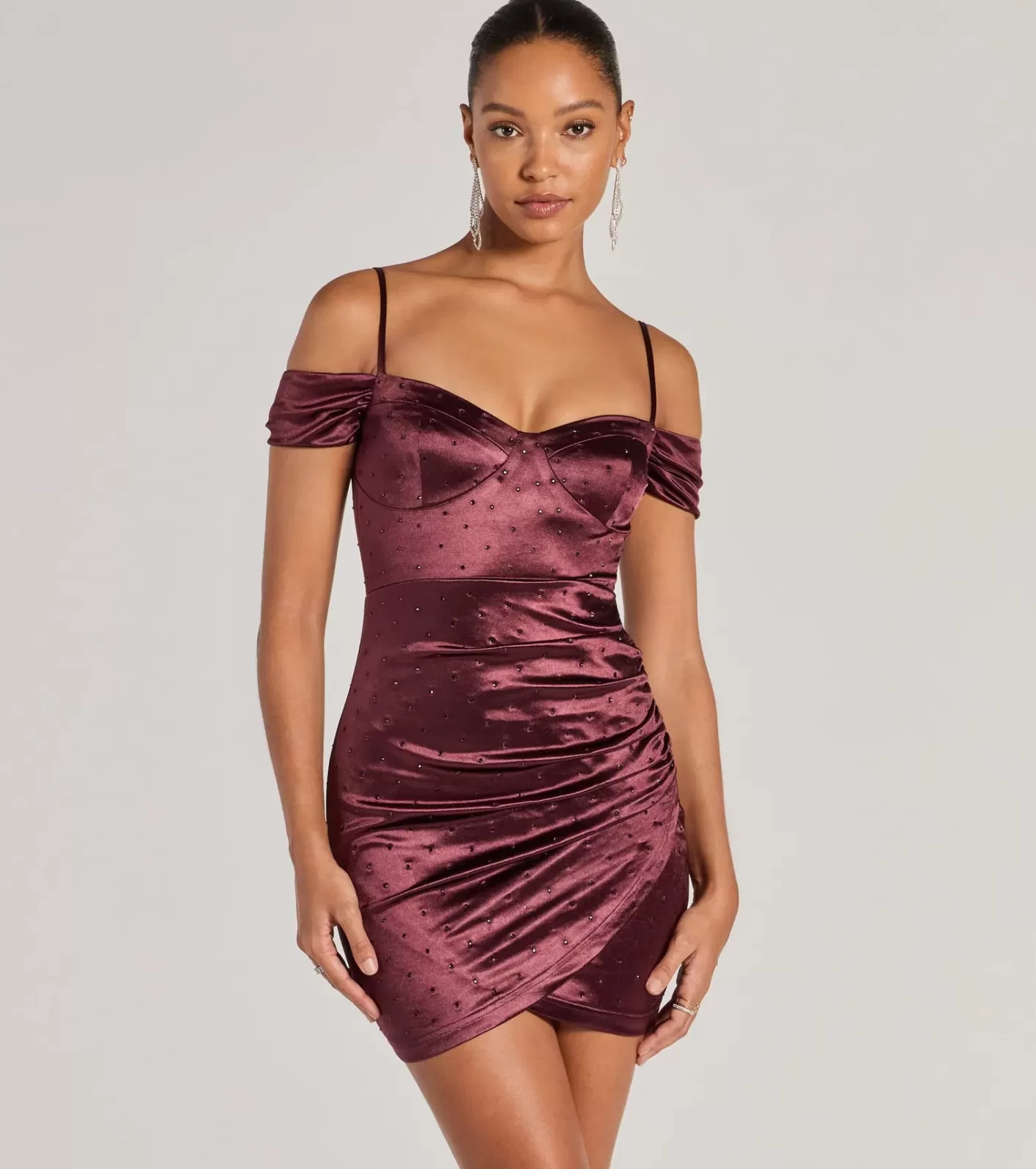 Windsor Luxe Cold-Shoulder Rhinestone Satin Mini Dress RAISIN Online