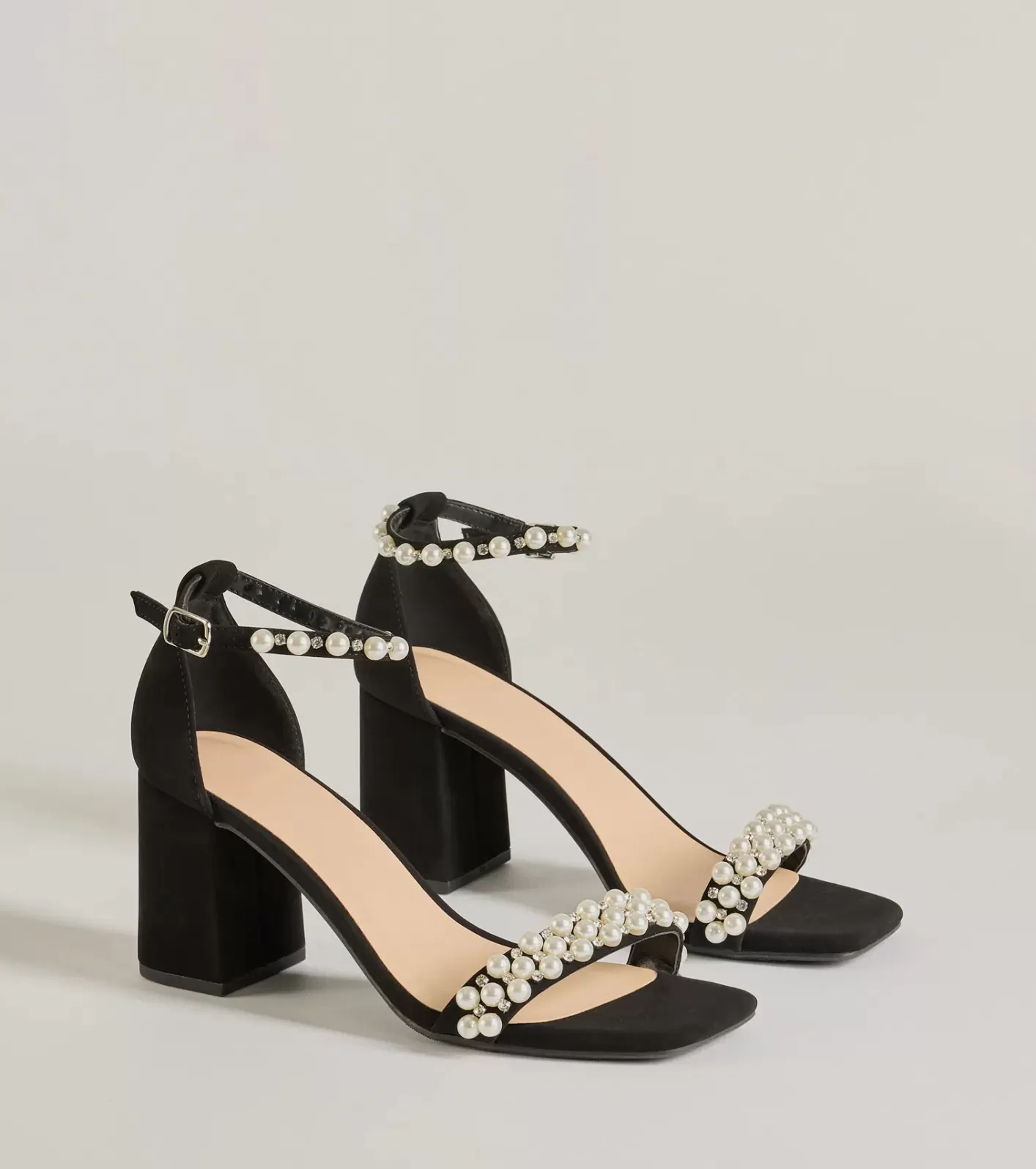 Windsor Luxe Style Pearl And Rhinestone Detail Block Heels BLACK Best Sale
