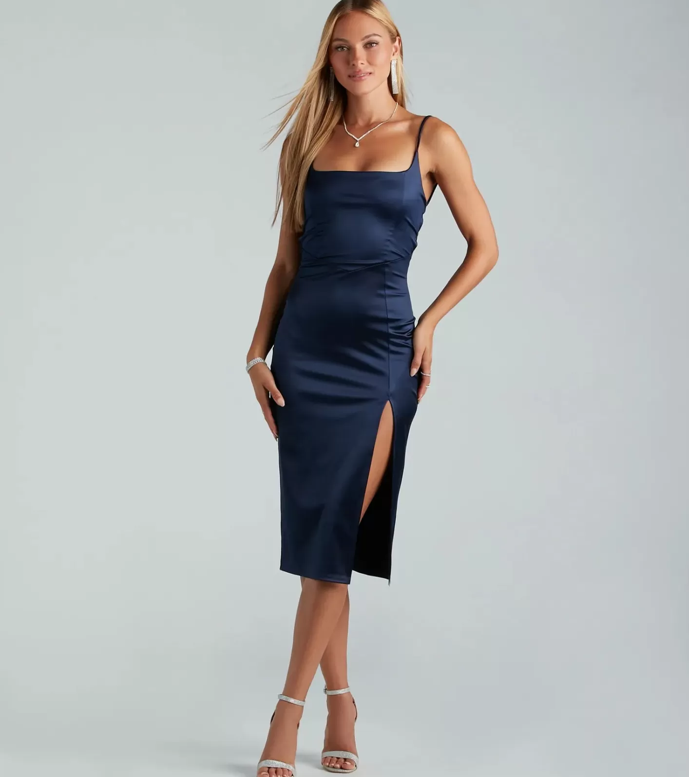 Windsor Luxurious Night Satin Midi Dress NAVY Best Sale