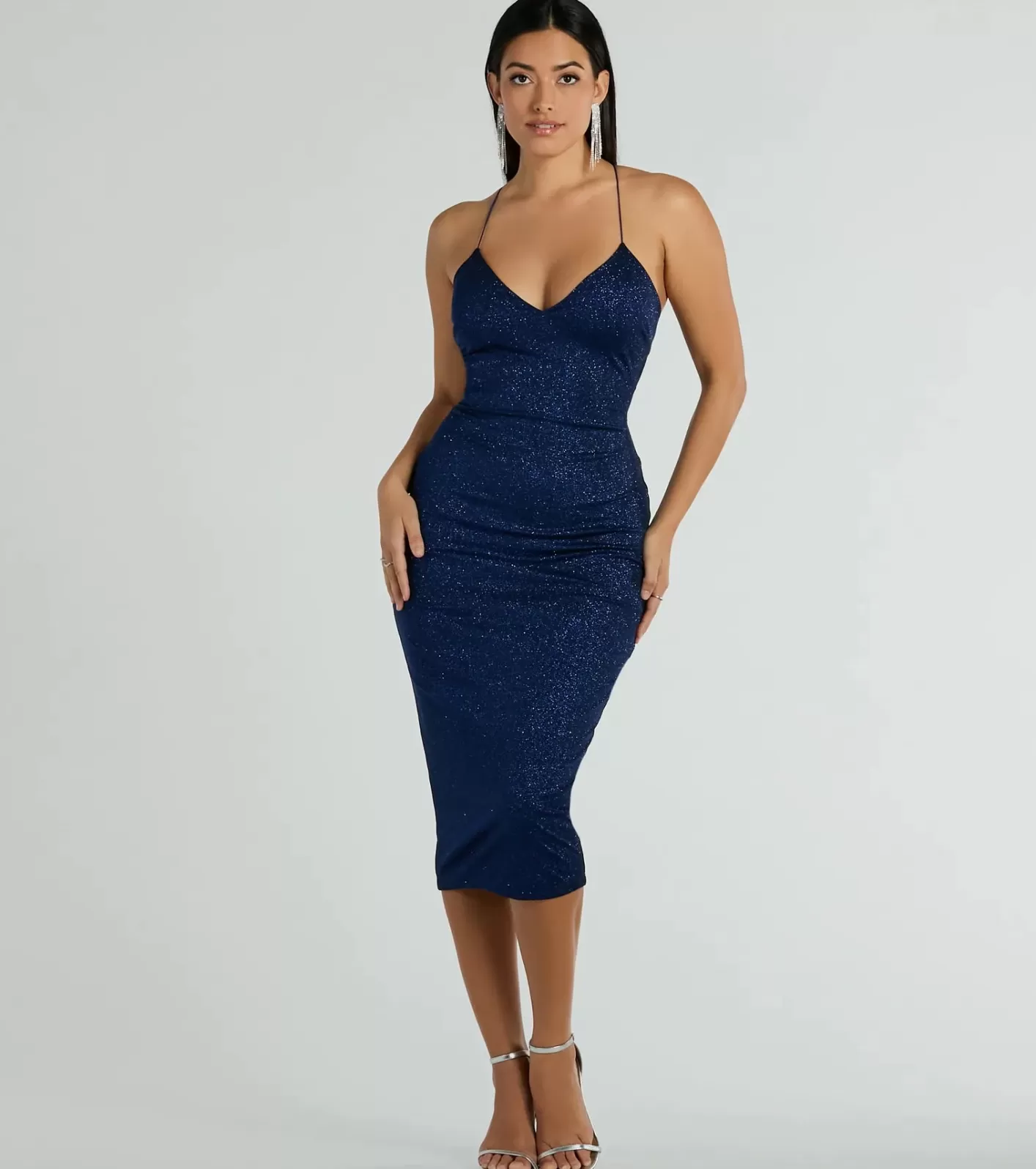 Windsor Lynn Strappy Back Glitter Midi Formal Dress NAVY Sale