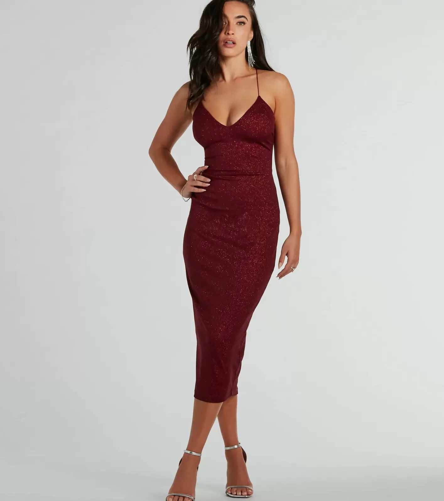 Windsor Lynn Strappy Back Glitter Midi Formal Dress WINE New