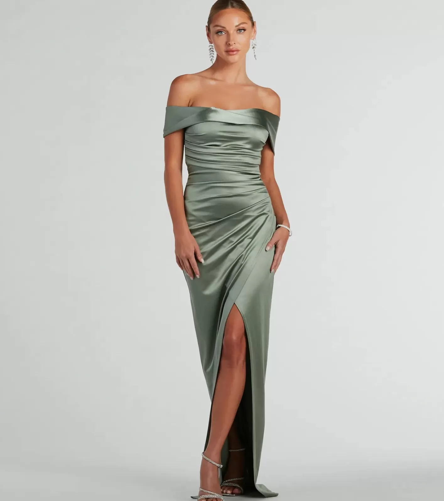 Windsor Maeva Formal Satin Off-The-Shoulder Dress SAGE Best Sale