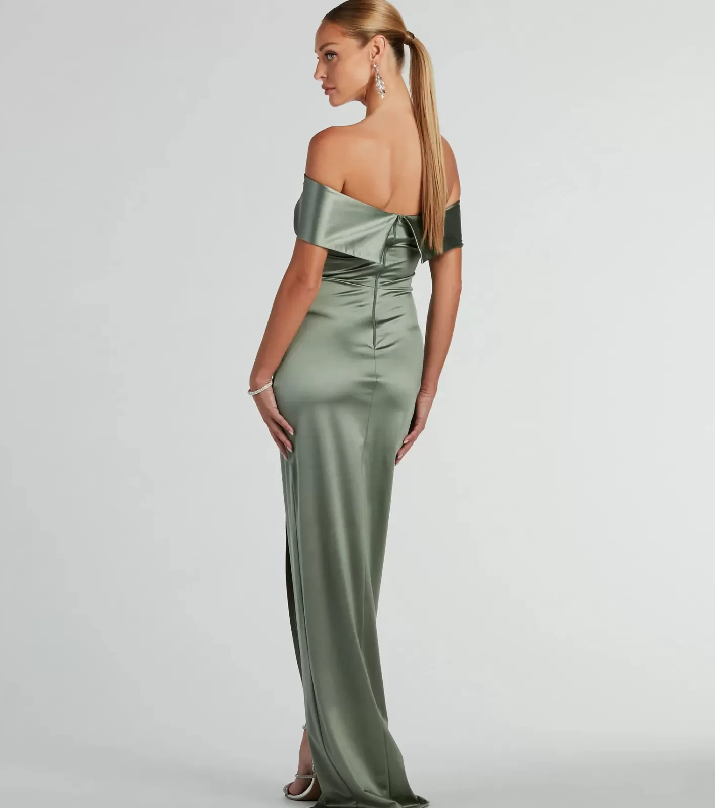 Windsor Maeva Formal Satin Off-The-Shoulder Dress SAGE Best Sale