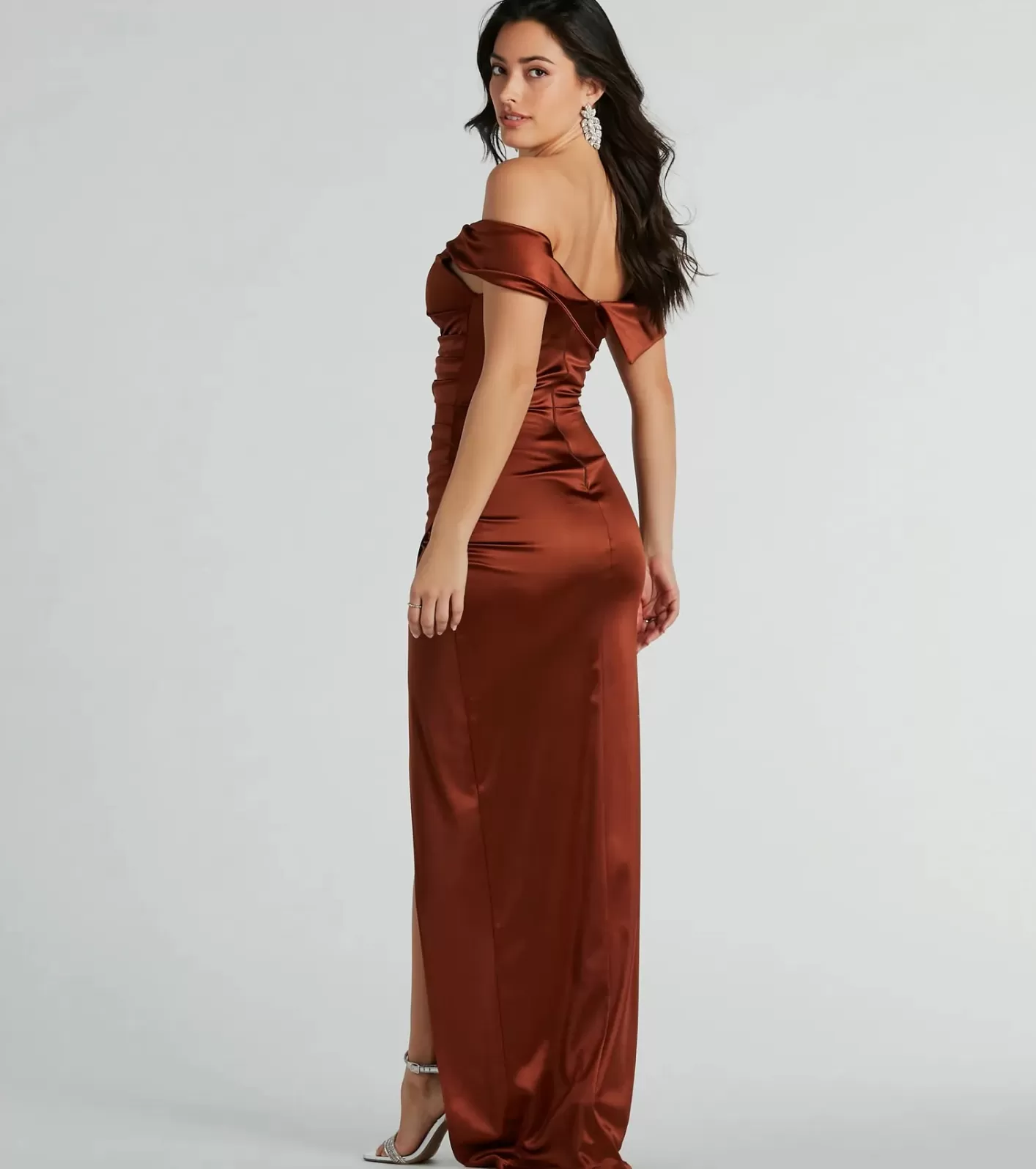 Windsor Maeva Formal Satin Off-The-Shoulder Dress BROWN Clearance