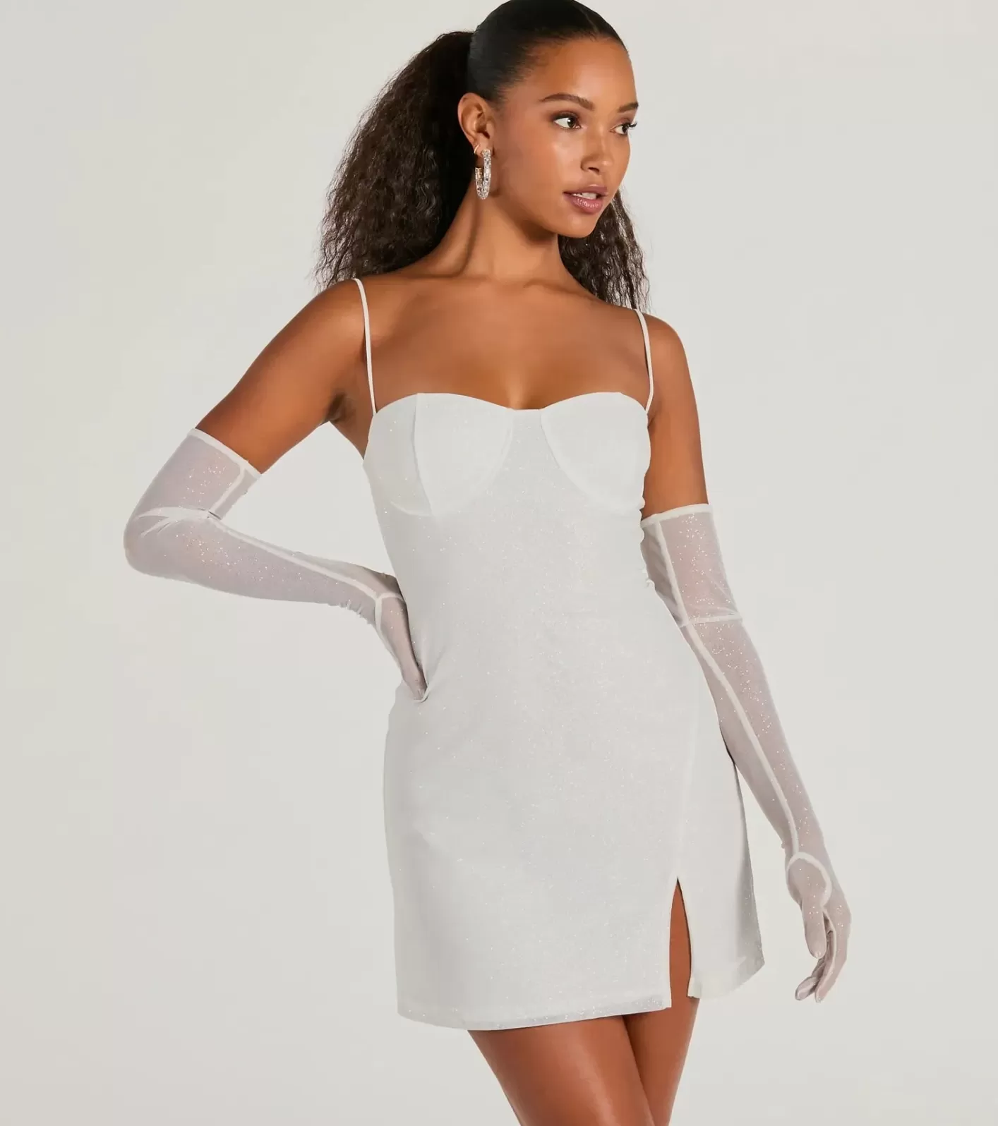 Windsor Main Attraction Glitter Mini Dress And Gloves Set WHITE-2 Store